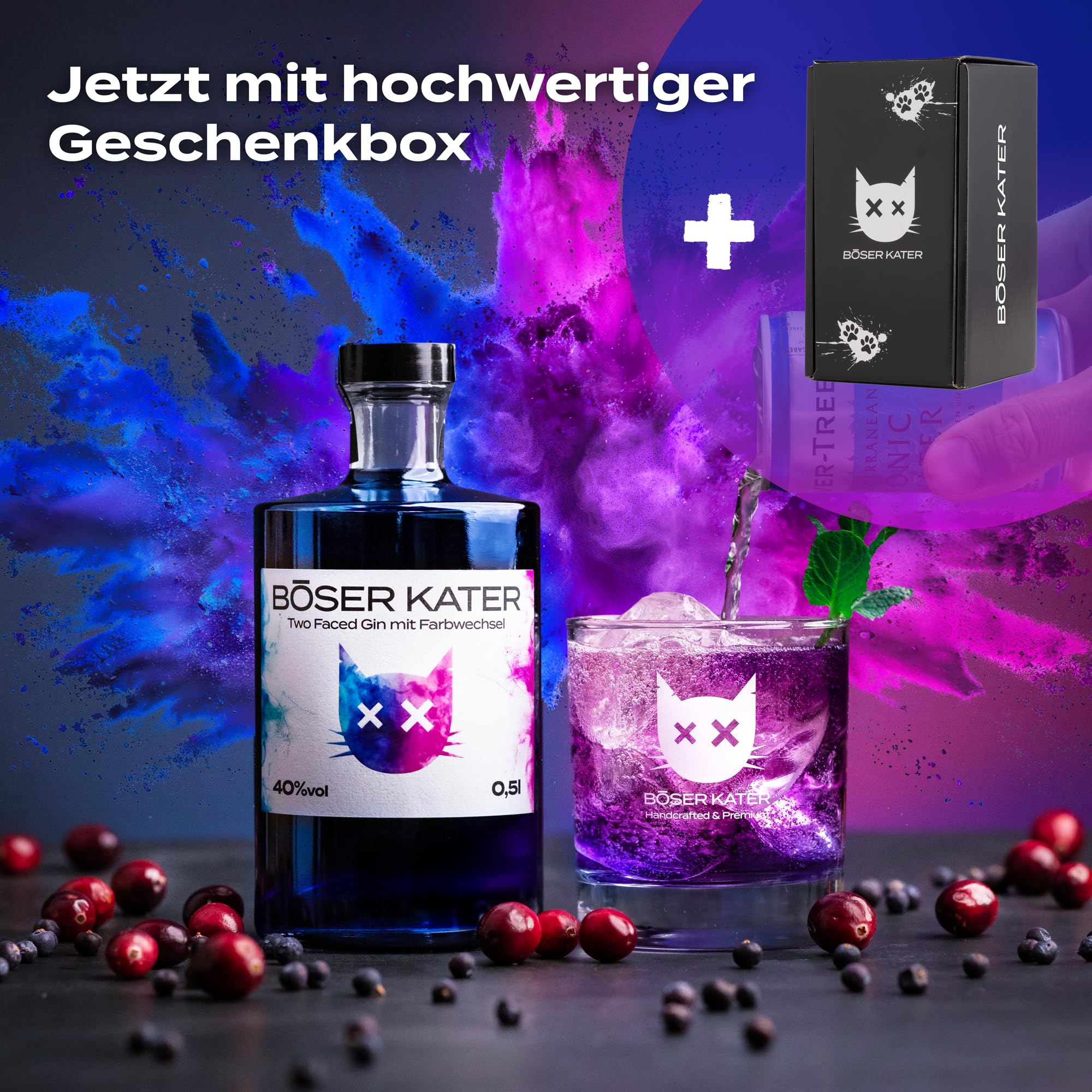 BÖSER KATER Magic Two Faced Gin | Farbwechsel-Effekt von Blau zu Violett durch Tonic Water | Das perfekte Geschenk in hochwertiger Geschenkbox | Handgemacht & perfektionierter Geschmack 0,5l 40% Vol.