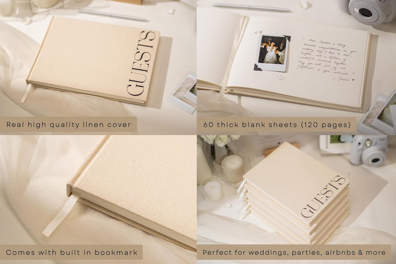 Cream Guest Book with Black Sticker Sheets for Photos - 9.5 x 7 Real Linen Hardcover Guestbook for Wedding Ceremony Reception Signin, to Add Polaroid & Write Messages