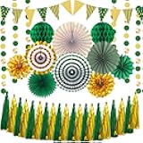 Paper Fans Party Decorations Glitter Paper Triangle Flag Pennant Banner Tassel Garland Circle Banners Party Supplies for Bachelorette, Birthday, Engagement Wedding, Baby Bridal Shower Green Gold