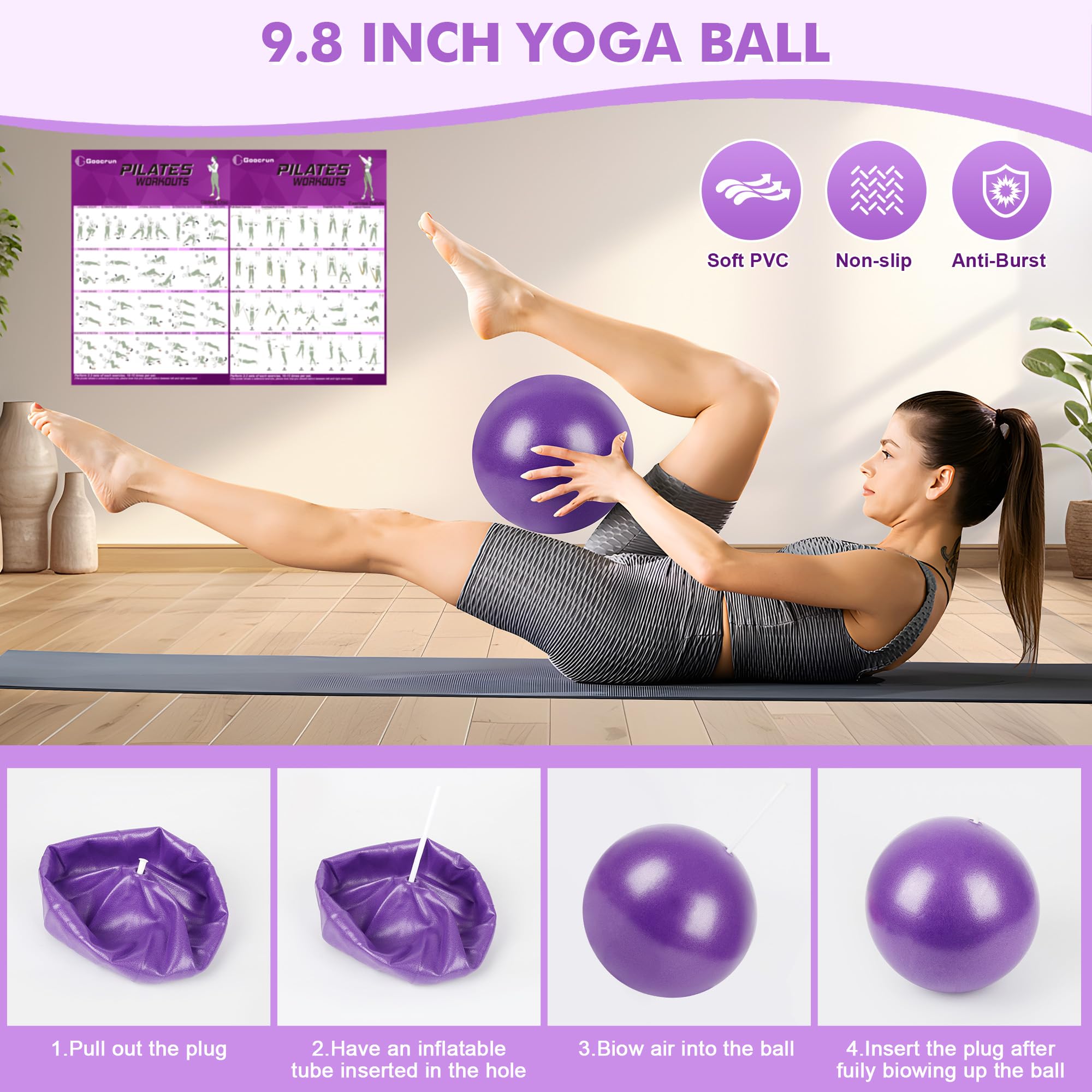 Goocrun Ensemble d'anneaux de pilates avec bandes de résistance, balle de Pilates, disques coulissants – Équipement d'entraînement à domicile avec guide de fitness complet (français non garanti)