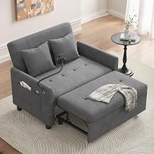 Sleeper Sofa Bed, 3 in 1 Convertible Couch Beds, Pull Out Small Sleeper Sofa with Pillow, Adjustable Backrest Futon loveseat, Velvet Love Seat and Phone Holder for Living Room, Grey