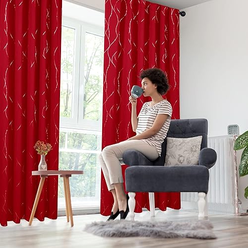 Miniatura 8 de Deconovo - Cortinas rojas con bloqueo de luz para decoración del hogar, cortinas de oscurecimiento de habitación con diseño de línea ondulada y