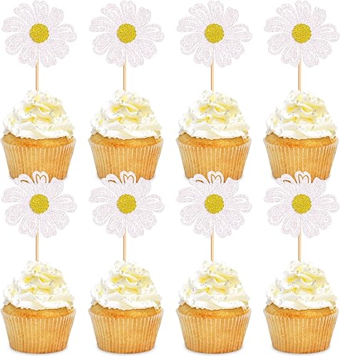 Ercadio Paquete de 24 adornos de margaritas blancas para cupcakes, flores de margaritas blancas, decoraciones de pasteles para temática de