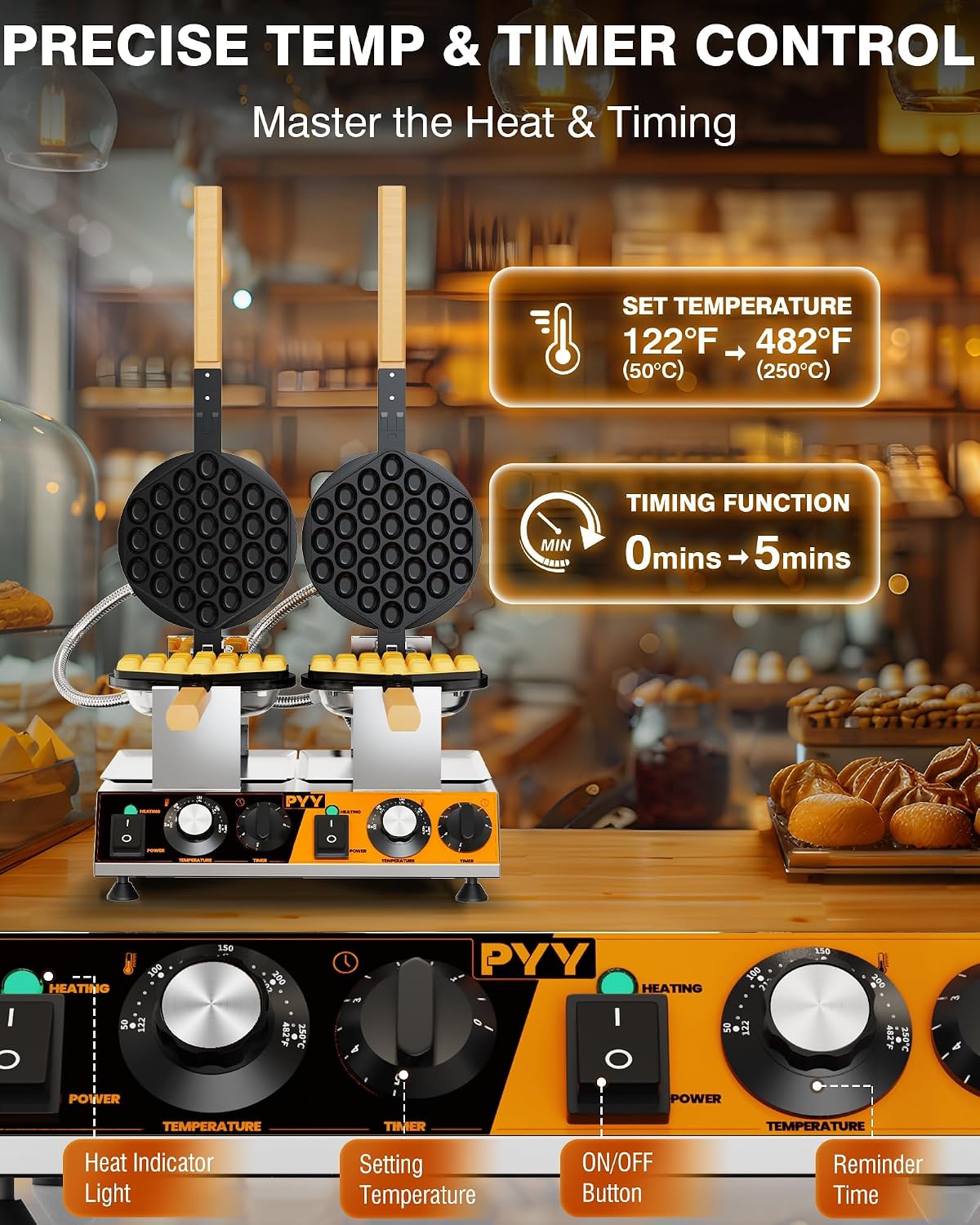 Close-up of the PYY 2-Head Bubble Waffle Maker's control panel showing temperature and timer knobs, and power switches