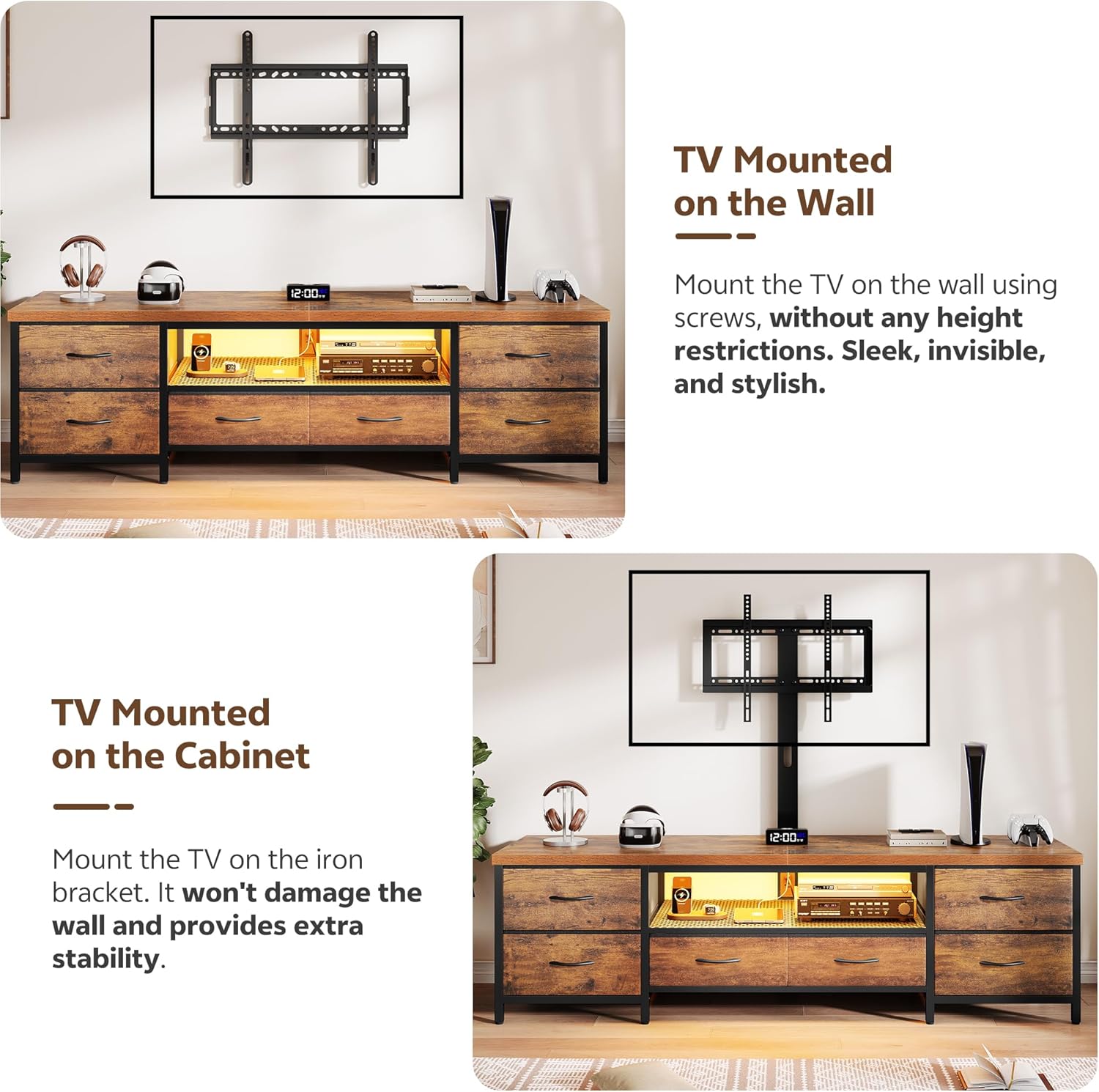 TV Stand for 80 Inch TV with Mount, LED Entertainment Center w/Fabric Drawers & Power Outlets, Industrial Media Console for Living Room, Bedroom, Open Storage Shelves - 71'' Rustic Brown