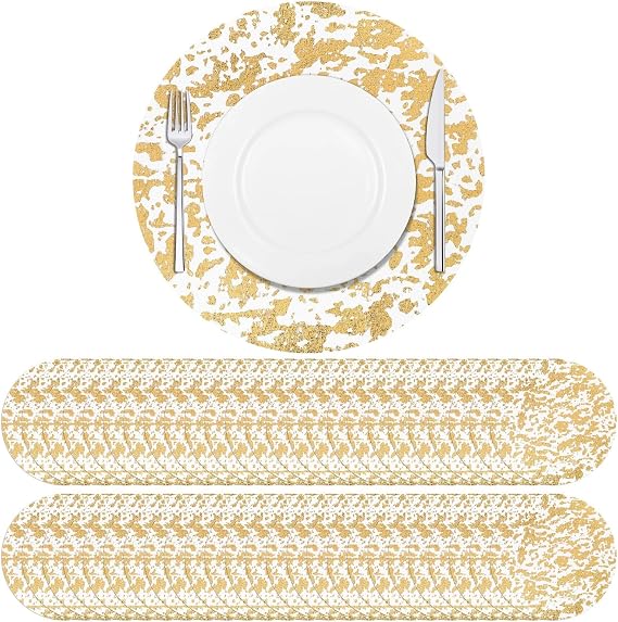 100 PCS Disposable Dining Plate Mats, Golden Bowl Tableware Place Mat Pads Set, 13 Inches Round Foil Mesh Pressed Table Doilies for Dining Table Wedding Birthday