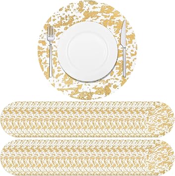 100 PCS Disposable Dining Plate Mats, Golden Bowl Tableware Place Mat Pads Set, 13 Inches Round Foil Mesh Pressed Table Doilies for Dining Table Wedding Birthday