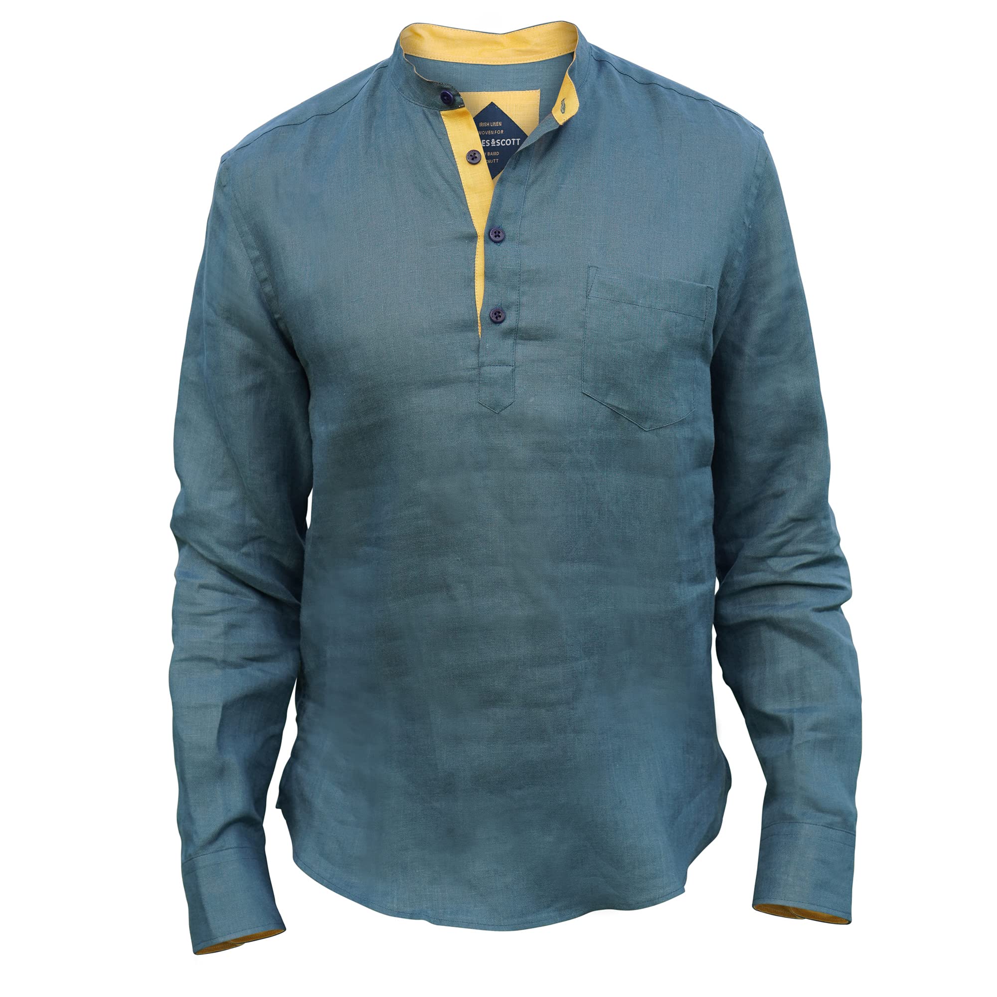 Borges & Scott - Camisa 100% Lino irlandés Grandad Henley - Manga Larga, Teal, L