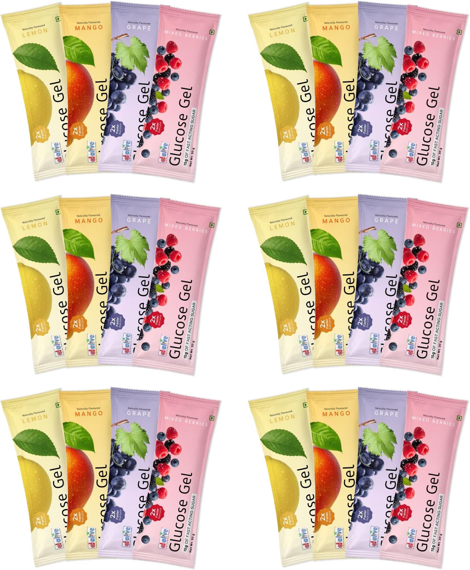 D-Alive Glucose Gel Sachets – Fast Acting Glucose for Hypoglycaemia & Low Blood Sugar Relief – Instant Energy Gel for Athletes – Total 24 Pocket-Size Packs (15g Each) – Lemon, Mango, Grape & Mixed Berries (Assorted, Gluten-Free, Natural Flavour)