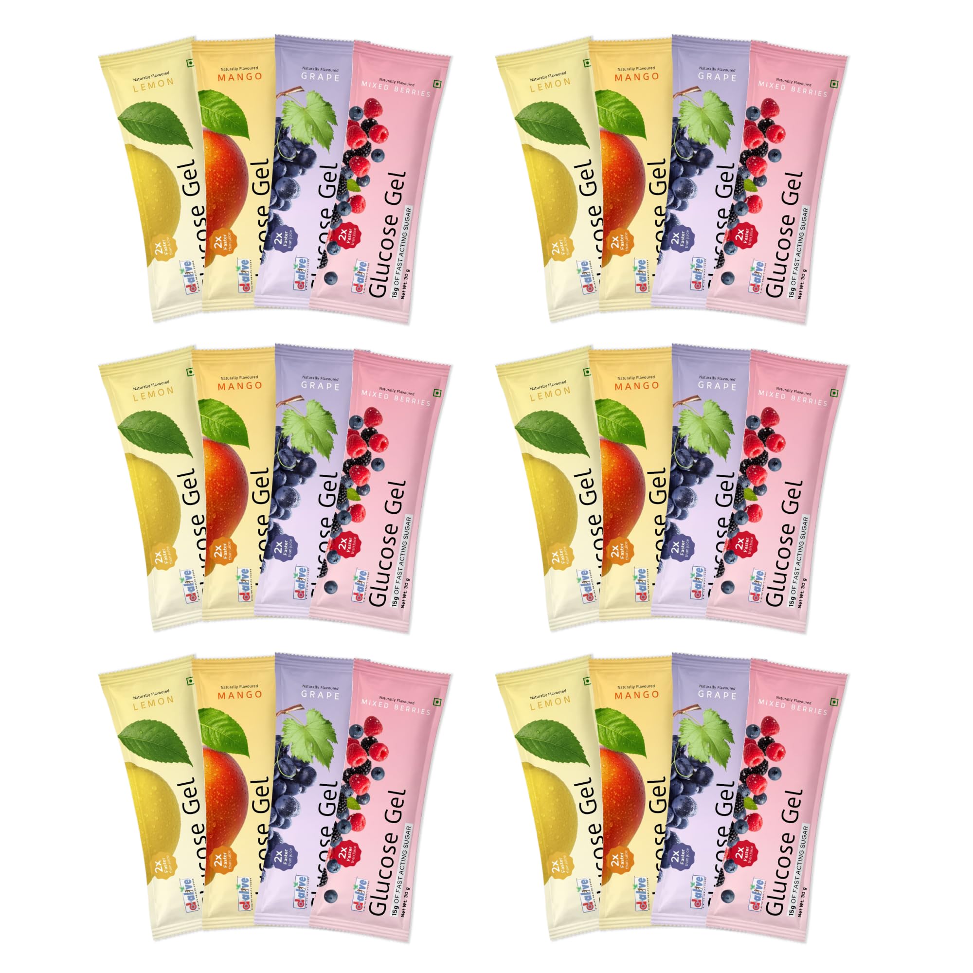 D-Alive Glucose Gel Sachets – Fast Acting Glucose for Hypoglycaemia & Low Blood Sugar Relief – Instant Energy Gel for Athletes – Total 24 Pocket-Size Packs (15g Each) – Lemon, Mango, Grape & Mixed Berries (Assorted, Gluten-Free, Natural Flavour)