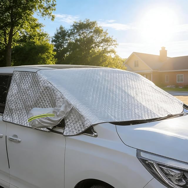Car Windshield Sunshade Cover for Car, Arespark Car Window Shade with 4 Layers Protection,Car Window Covers with Extra Coverage, Reflective Strip, Fits Most Cars, SUVs Winter & Sun Protection