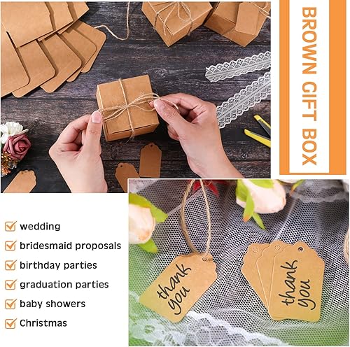 Miniatura 4 de Teling 100 cajas de regalo pequeñas de papel kraft de 2.76 x 2.76 x 2.76 pulgadas con tapas, mini cajas de regalo con 100 etiquetas de regalo, 1