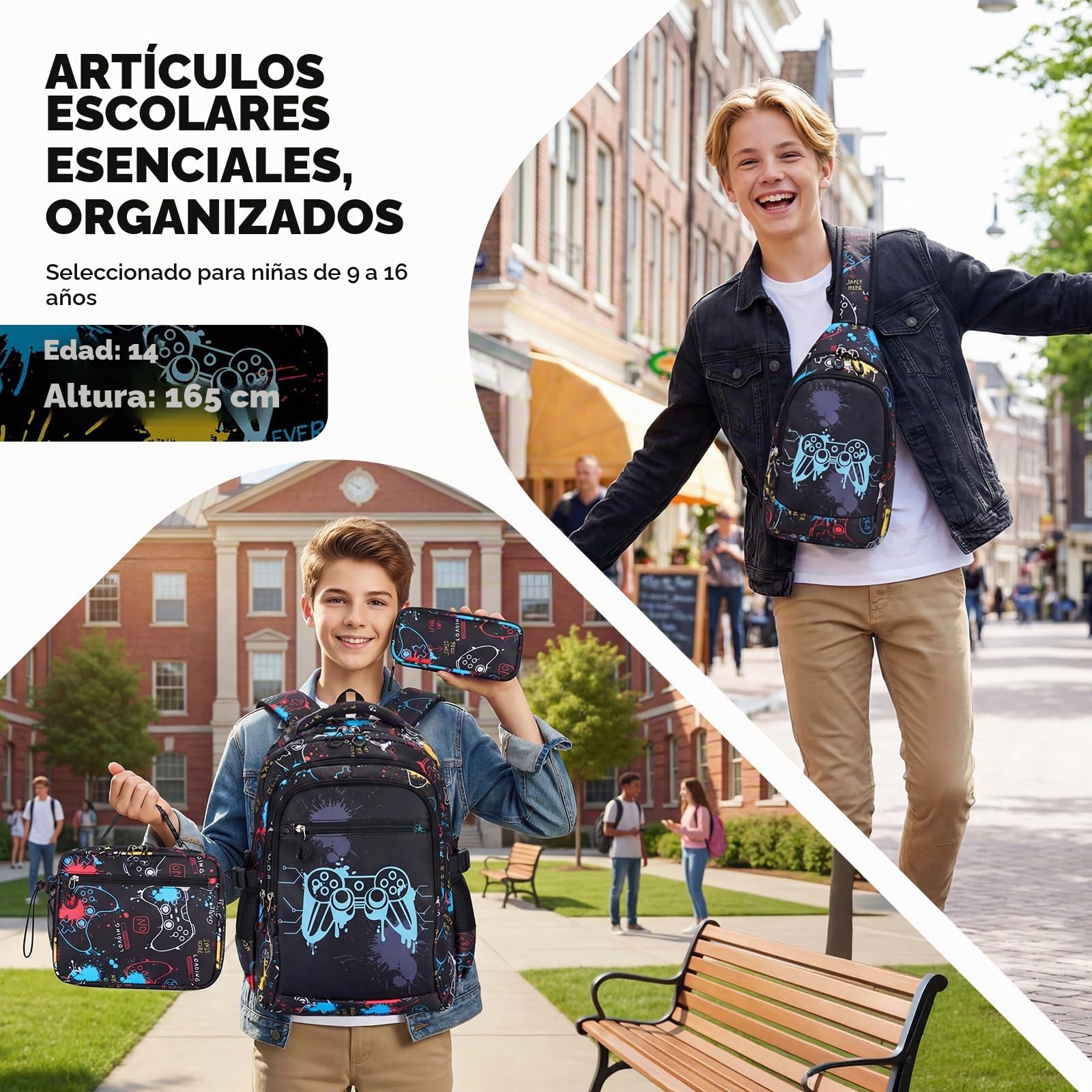 Amythe Mochila Escolar para Niños Adolescentes, Luminosa Nocturna 4 Piezas | Set Completo con Bolso Pecho, Bolsa Almuerzo & Estuche - Mochila Casual para Chicos - Impermeable para Cole Ocio, Negro
