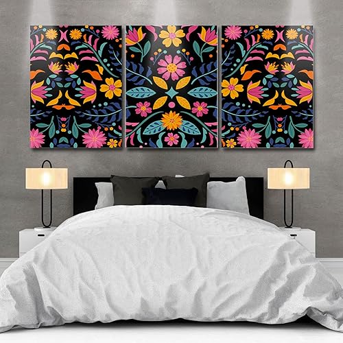 Lienzo decorativo para pared de sala de estar, juego de 3, festival mexicano, flores abstractas coloridas, floral, textura negra, imagen para