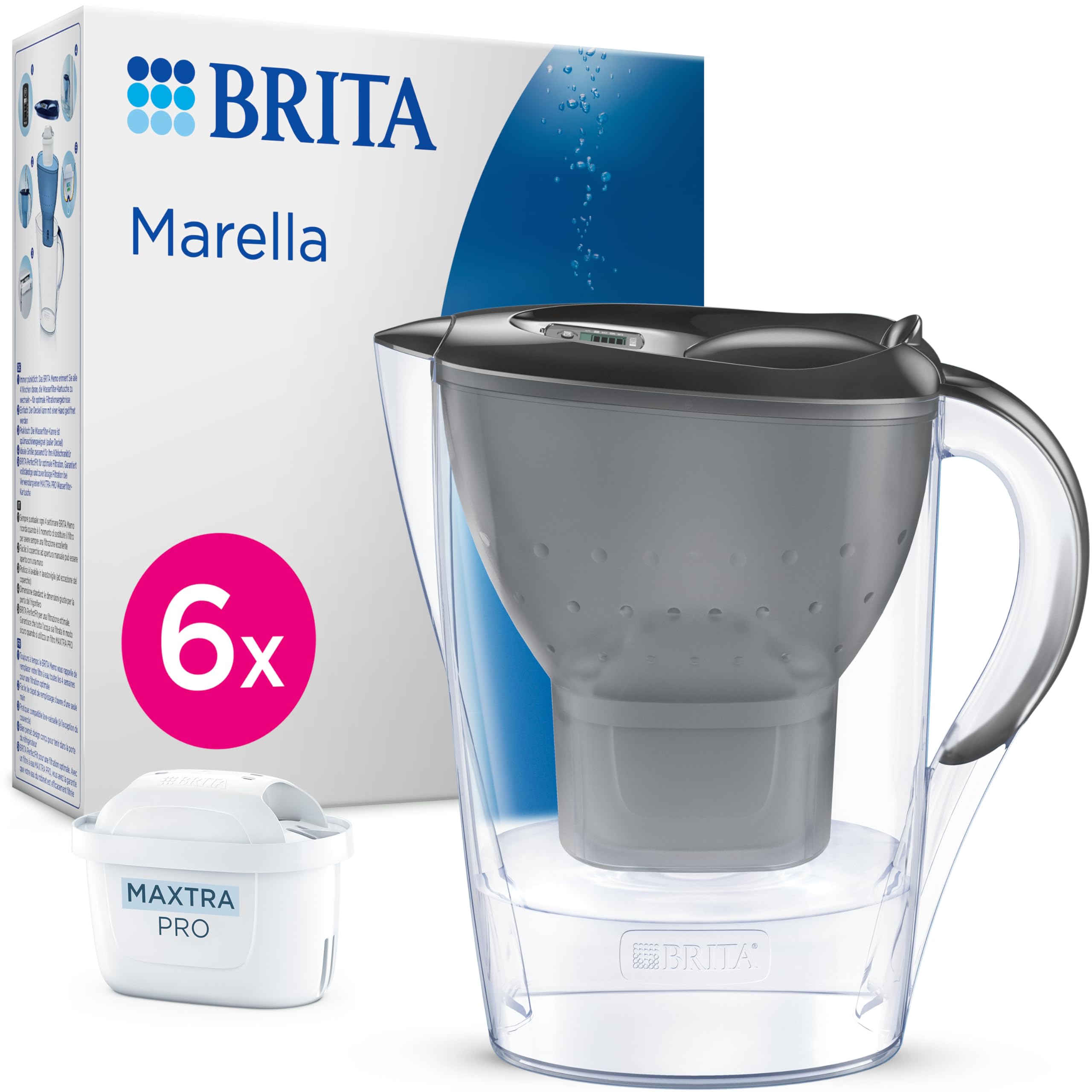 BRITA Wasserfilter Kanne Marella graphit (2,4l) inkl. 6x MAXTRA PRO Pure Performance Kartusche (Halbjahrespaket), Kühlschrankgeeignet,Filterkanne mit BRITA Memo, Klapp-Deckel, filtert Verunreinigungen