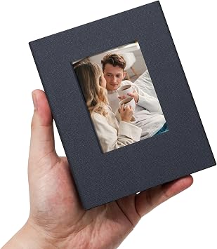 6x4 Photo Album Slip in 100 Pockets, Linen Fabric Cover Photo Book with Customisable Cover Window, Acid-Free Slip-in Pockets for Family, Travel, Baby & Memory Storage, Grey Blue