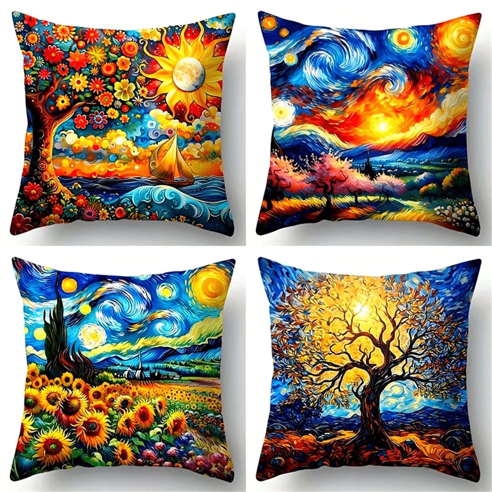 Heaen Outdoor Cushions Covers Waterproof 45x45 cm Set of 4 Square Linen Pillow Cases Starry Sky Scenery Decorative Dushions for Sofa Porch Patio Home Decor