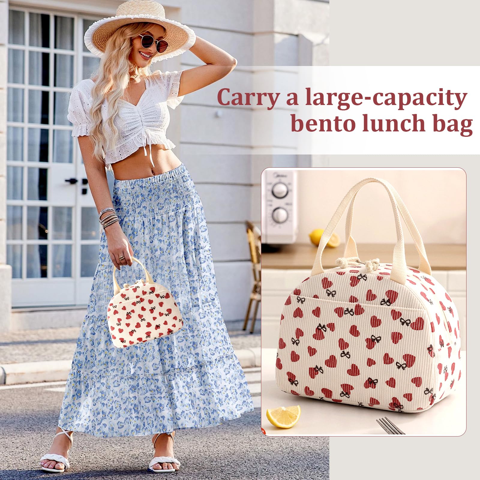 Nanxson Sac Isotherme Repas Pour Femme Et Homme 12L Grande Capacité Sac Lunch Box Isotherme Velours Côtelé Cooler Bag Pour Travail Ecole Pique-Nique (12L,Beige Fraise