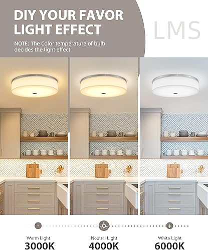 Miniatura 4 de LMS Modern Flush Mount Ceiling Light, 16" Large Light Fixtures Ceiling in Brushed Nickel, 2- Light Flush Mount Light Fixture with Drum White Acrylic