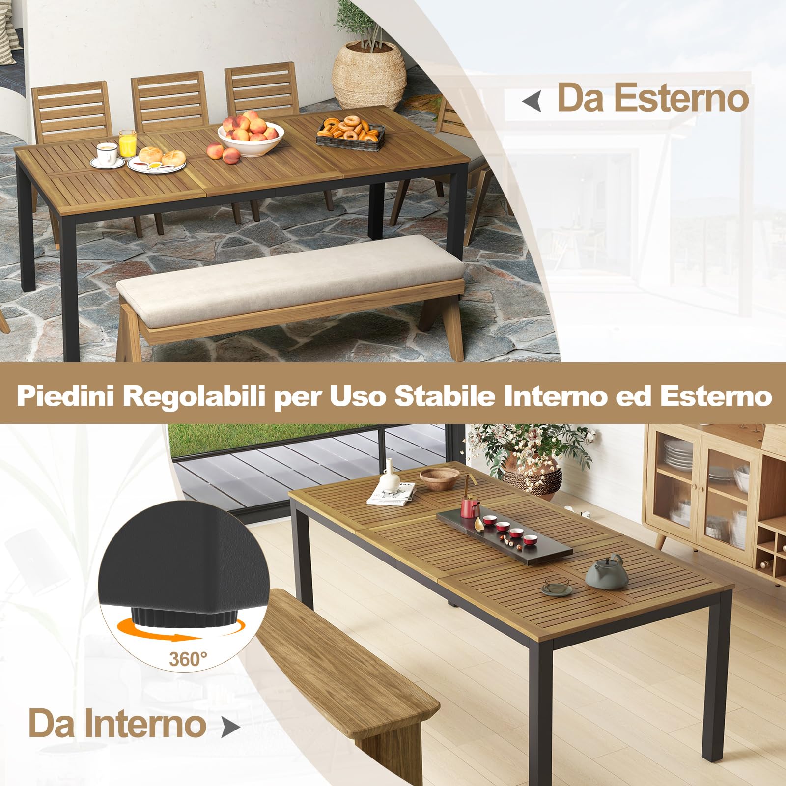 COSTWAY Tavolo da Pranzo a 8 Posti, Tavolo da Giardino 200 cm in Legno di Acacia, con Foro per Ombrellone da 5 cm, Gambe in Metallo, per Giardino, Cortile, Portata 75 kg (Modello 1)