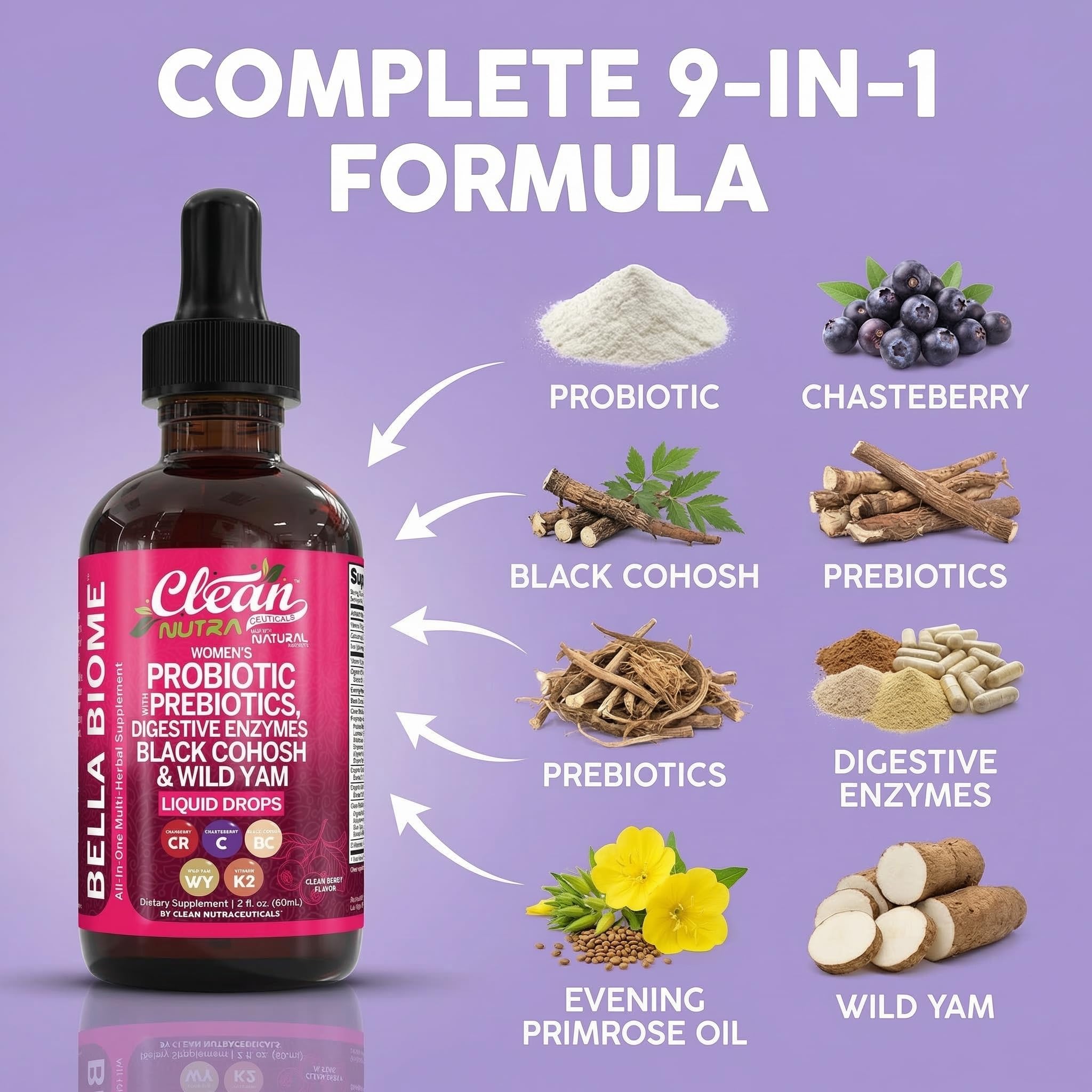Liquid Probiotics for Women Drops with Chasteberry, Black Cohosh, Prebiotics, Digestive Enzymes, Evening Primrose Oil, Wild Yam, Cranberry Dmannose and Iron Vitamin D3 K2 Clean Nutra Bella Biotics — Amazon image 5