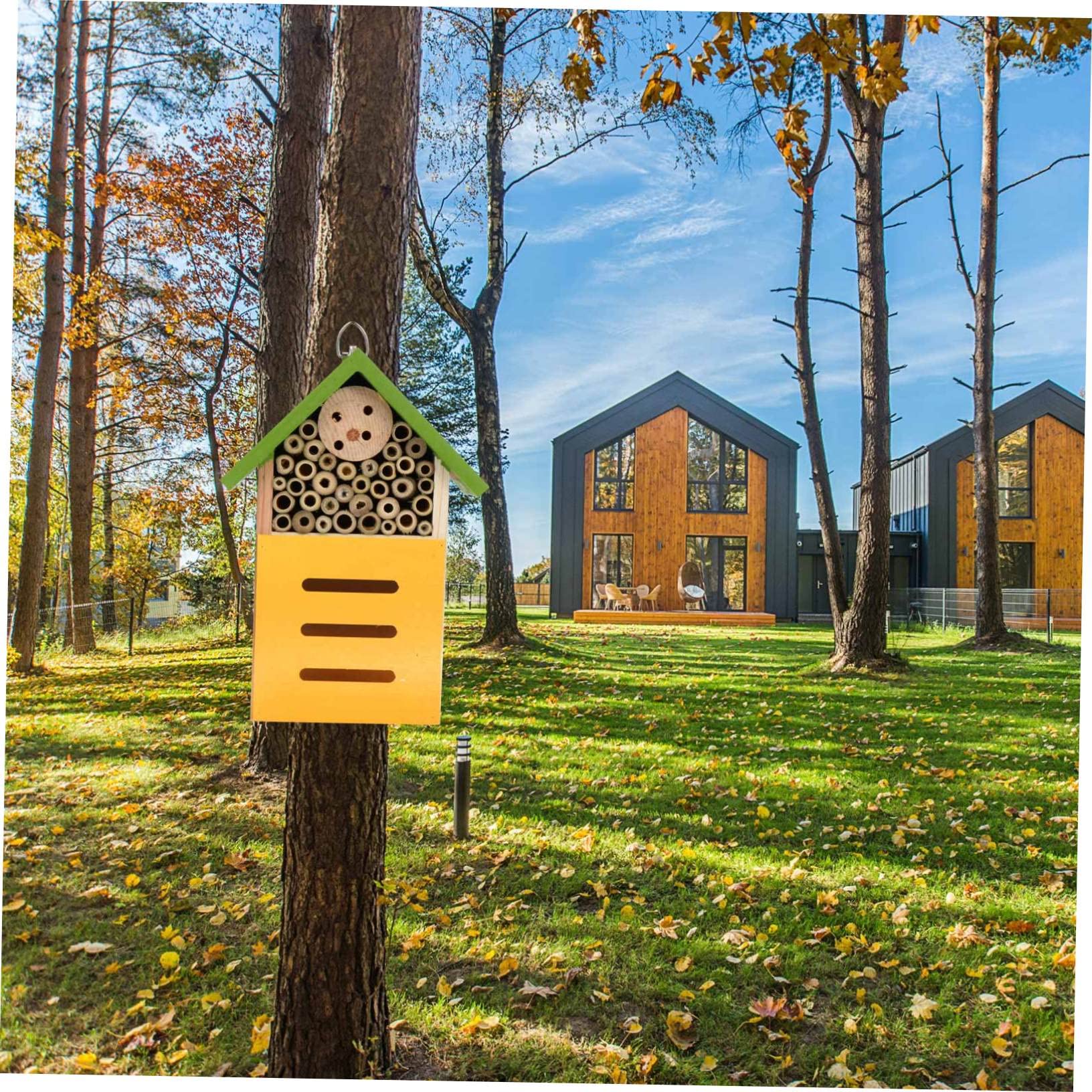 Yardwe Holz Bienenhaus für Garten Dekoratives Insektenhaus und Eisen Fertig Montiert mit Haken zur Aufhängung