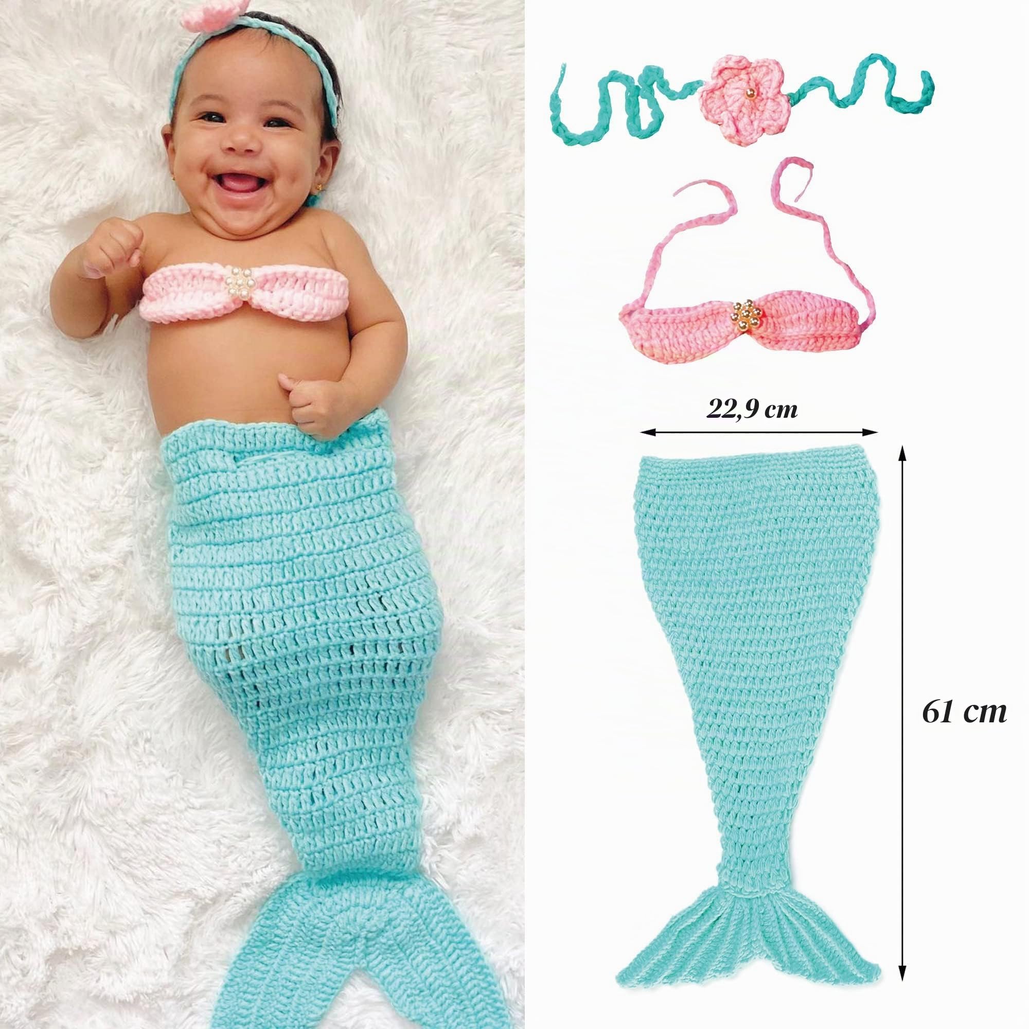 Lot de 3 Nouveau-Né Photographie Prop - Tenue de Sirène, Fait à la Main Crochet, Costume de Sirène Bandeau, pour Fille Prop Vêtements