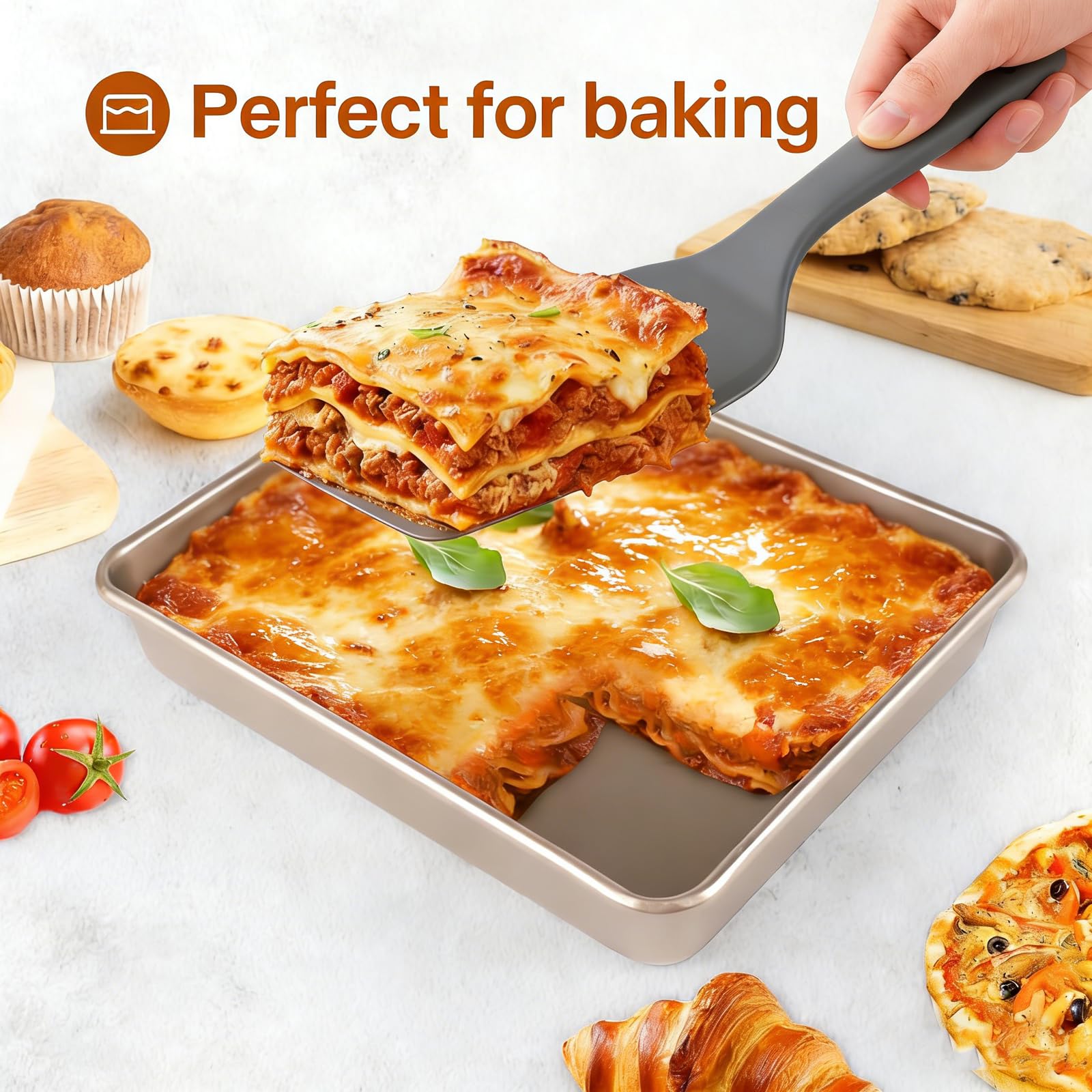 Tiefes Backformen-Set, 3-teilig, rechteckig, für Kuchen und Bräter, goldfarben | Tiefe Backformen, 3er-Set, 2,9/11/33 cm, antihaftbeschichtet, stapelbar, tiefes Ofenblech, robustes Backgeschirr für Brownies