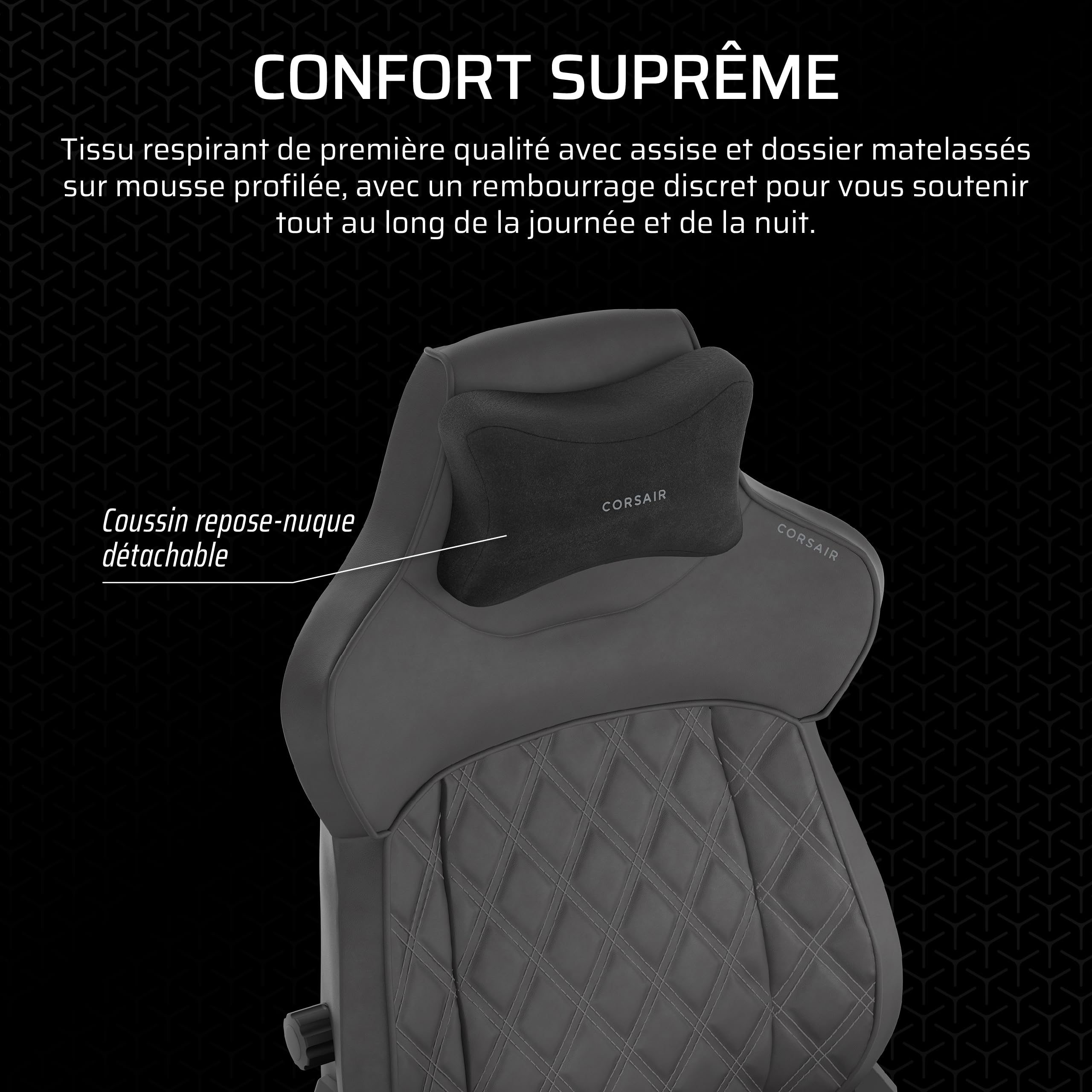 Corsair TC500 Luxe Fauteuil Gaming – Tissu Respirant de Qualité Supérieure – Sièges Larges – Accoudoirs Réglables dans Cinq Directions – Support Lombaire Réglable – Inclinaison 90-135 degré – Ombre