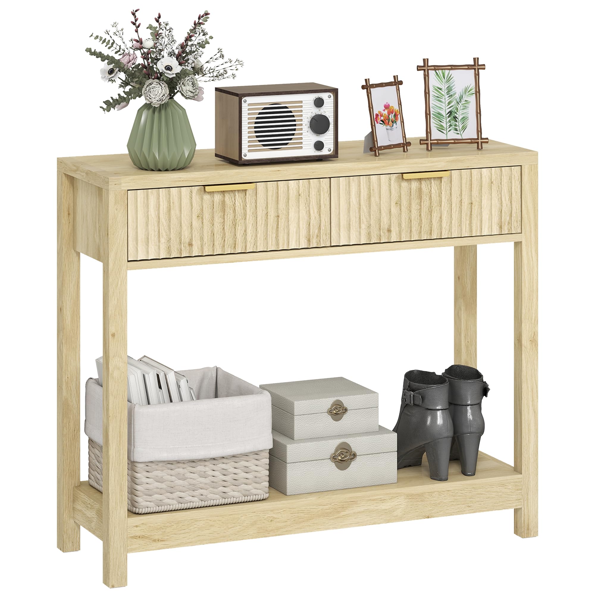 HOMCOM Modern Console Table with Fluted Panel Drawers, Narrow Hallway Table with Shelf for Entryway, Living Room, 90 x 30 x 76 cm, Natural Wood Finish