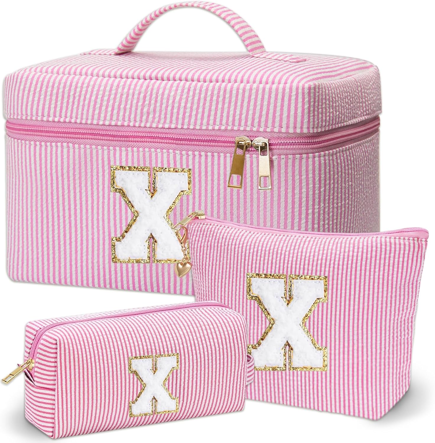 Personalized Monogram Makeup Bag, 3PCS Custom Monogrammed Toiletry Cosmetic Bag for 6-18 Teen Girls Women,Birthday Graduation Gifts Initial Pouch Makeup Bags for Women Girls, Make Up Bag (A, Blue)