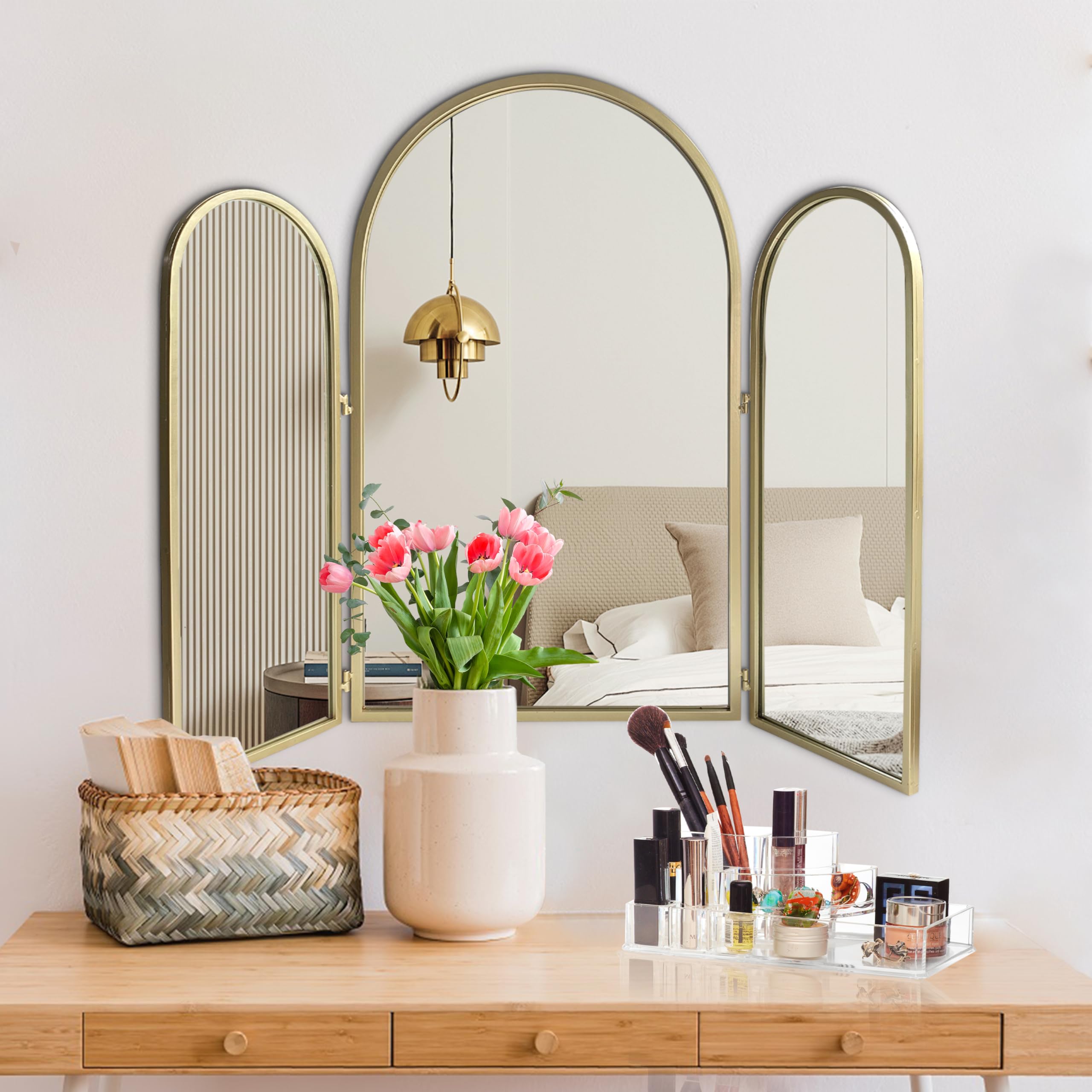 BAODANFU Dreifach gefalteter Kosmetikspiegel, 3 Wege, 76,2 x 94 cm, verstellbare Kosmetikspiegel für Badezimmer, Schlafzimmer, Champaign Golden Arch Spiegel, Wandmontage, Dekoration, Flechthaare,