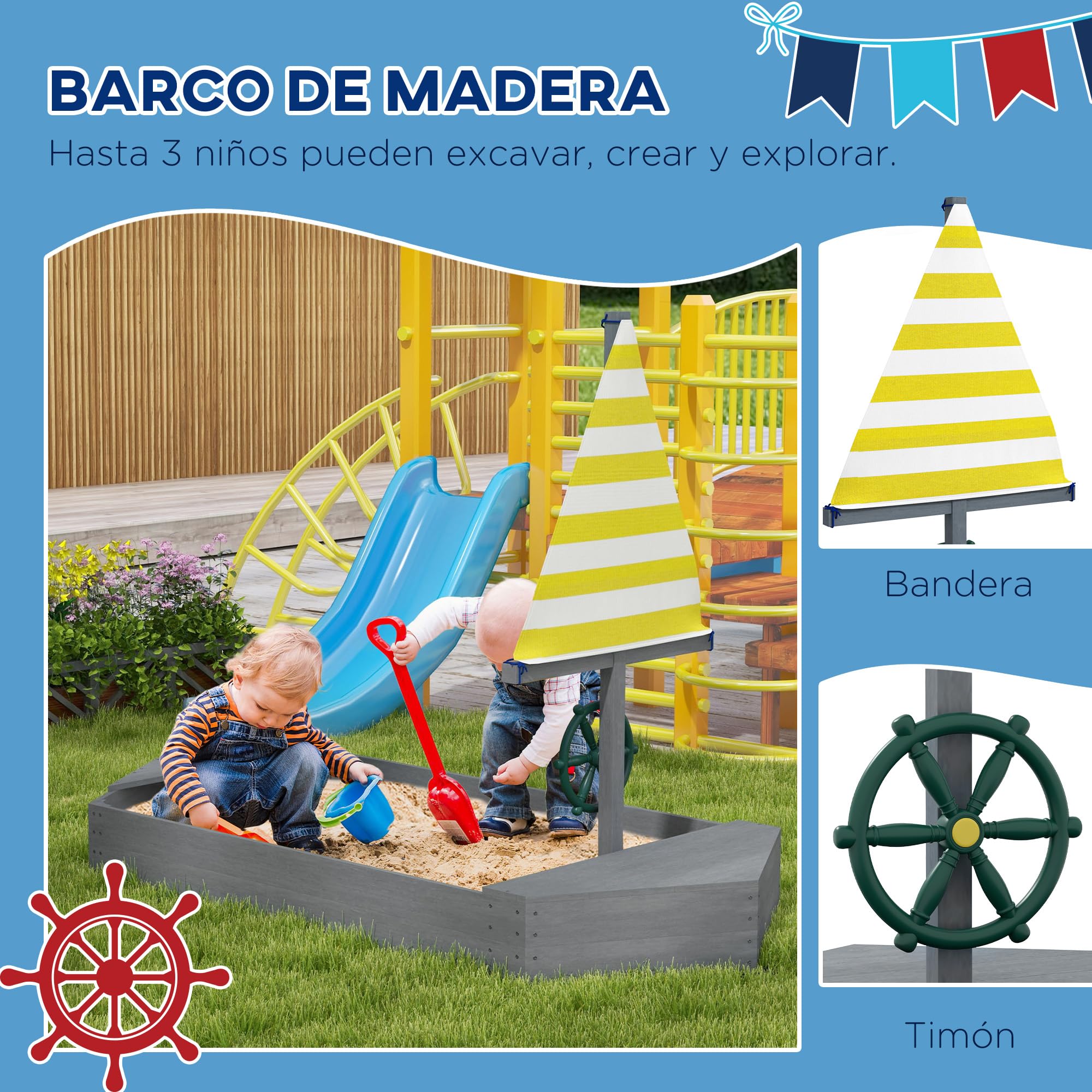 Outsunny Arenero para Niños de Madera Arenero Infantil con Bandera y Timón en Forma de Velero para Patio Jardín 190x90x138 cm GIRS Oscuro