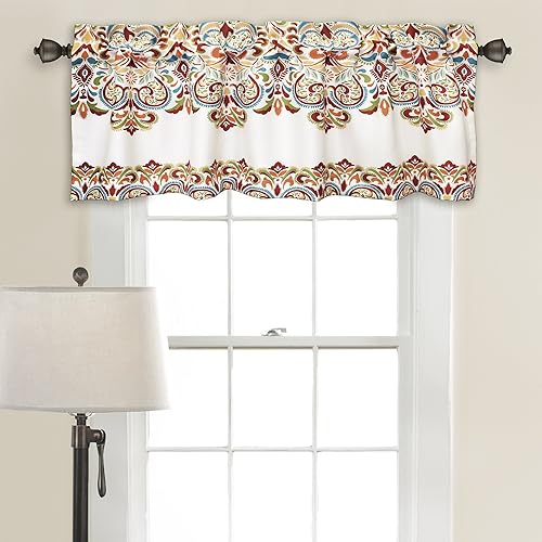 Lush Decor Clara Valance - Cortina individual de estilo bohemio con estampado de damasco de cachemira, 18 x 52 pulgadas, turquesa y mandarina