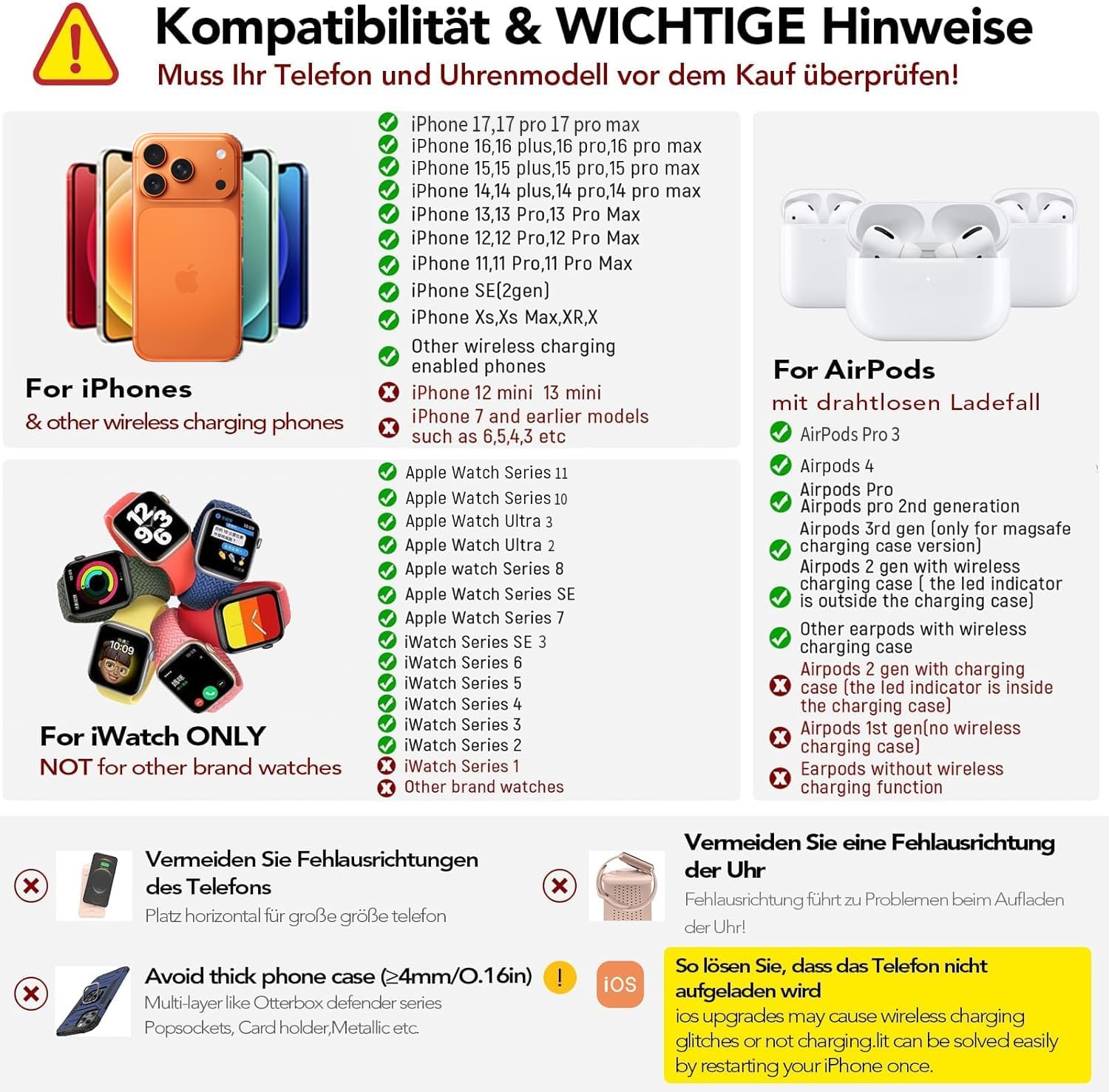 Aimtel 3 in 1 Induktive Ladestation Faltbare&Nachtlichter Kompatibel mit iPhone 17/17 Pro/17 Pro Max/17 Air/16/15/14/13,Apple Watch 11/Ultra 3/10/9/8/SE 3 für Air-Pods Pro/4/3/2 Kabelloses Ladegerät