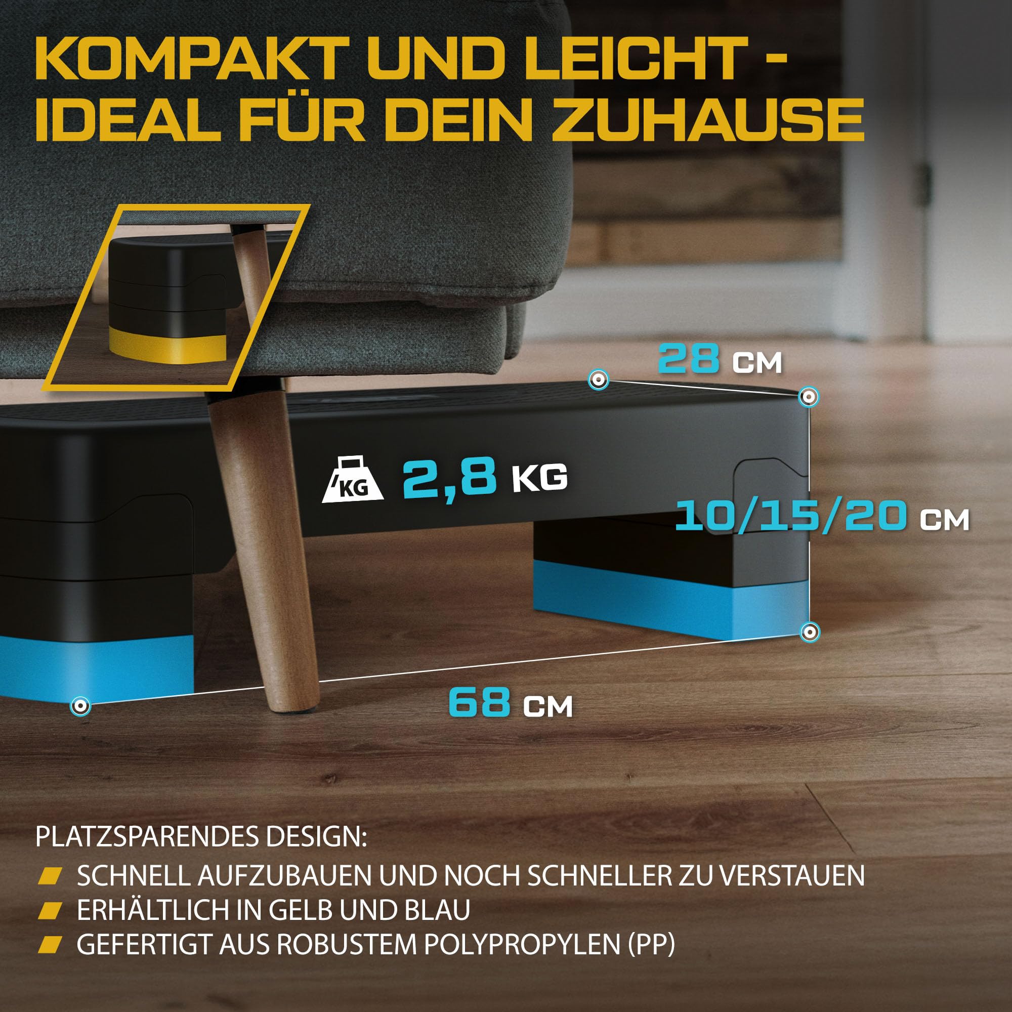 TREX SPORT Steppbrett für zuhause 3x höhenverstellbar 68×28×10/15/20cm | Aerobic Stepper 3 Stufen, rutschfest, bis 350kg belastbar, Stepboard, Blau / Gelb