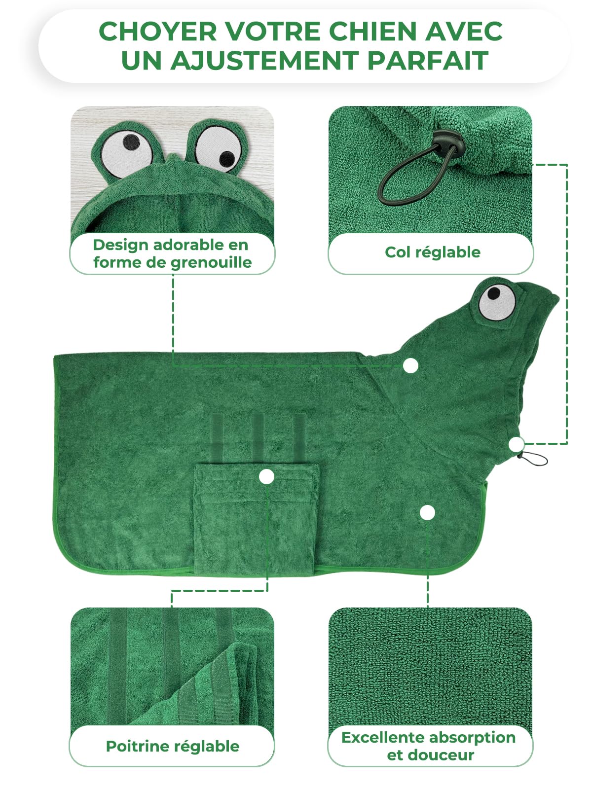 Serviette à Séchage Rapide pour Animaux, Peignoir pour Chien en Microfibre, Peignoir pour Chien Absorbant, Absorbant Manteau pour Animaux pour Séchage Après Baignade Bain (Grenouille Verte, L)