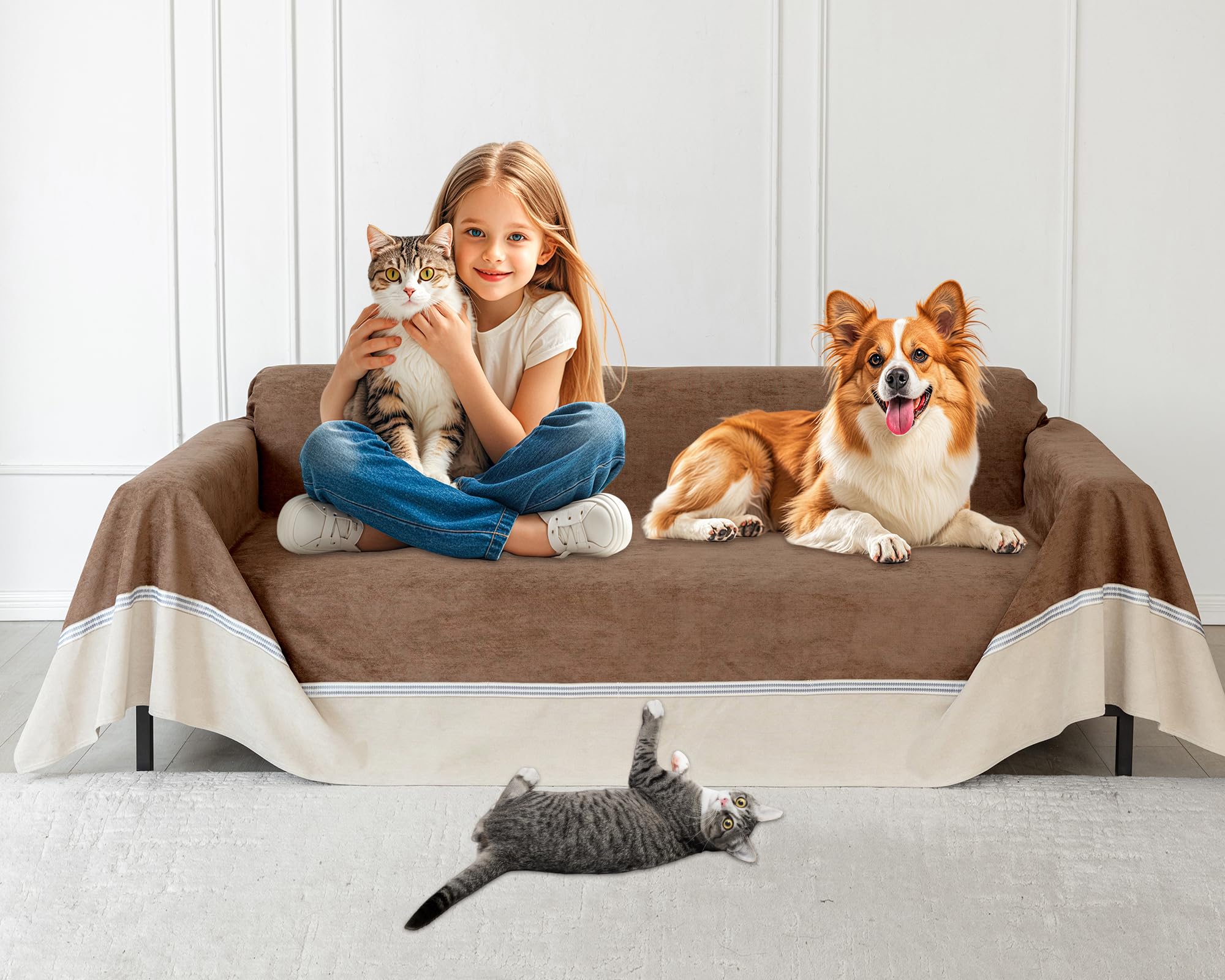 Loiion Bank Bescherming voor Kat - Bankhoes 3 Zits Waterafstotend Anti-slip Meubelbescherming voor Huisdieren, Kinderen en Hond - Bruin 380 x 180cm