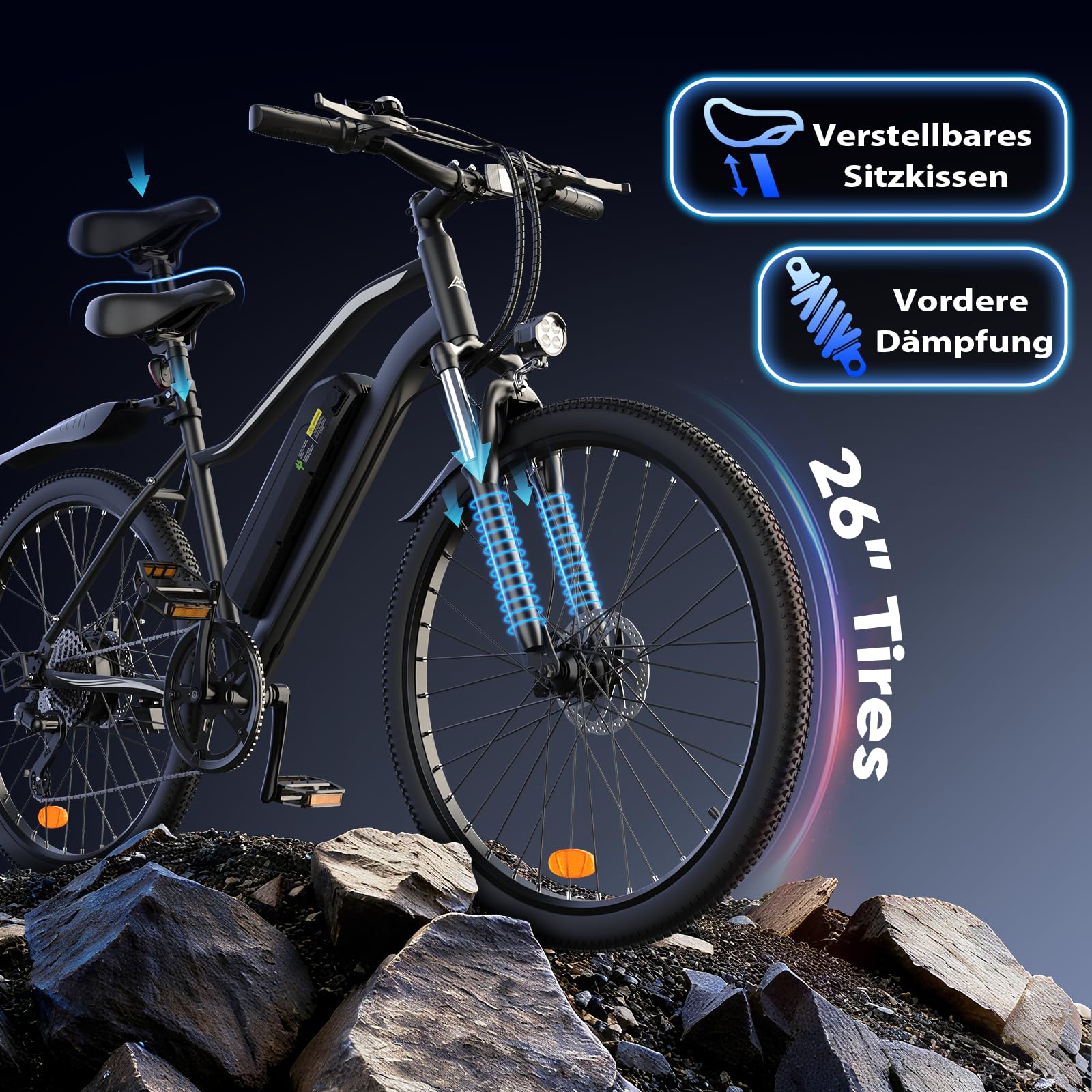 Finbike E Bike 26 Zoll, Elektrofahrrad 36V 10.4/15Ah Tauschbar Akku, 60-100KM Schnelllade EBike mit 7Gänge & Doppelscheibenbremse, E Mountainbike für Stadt,Durft, Alltagsmobilität