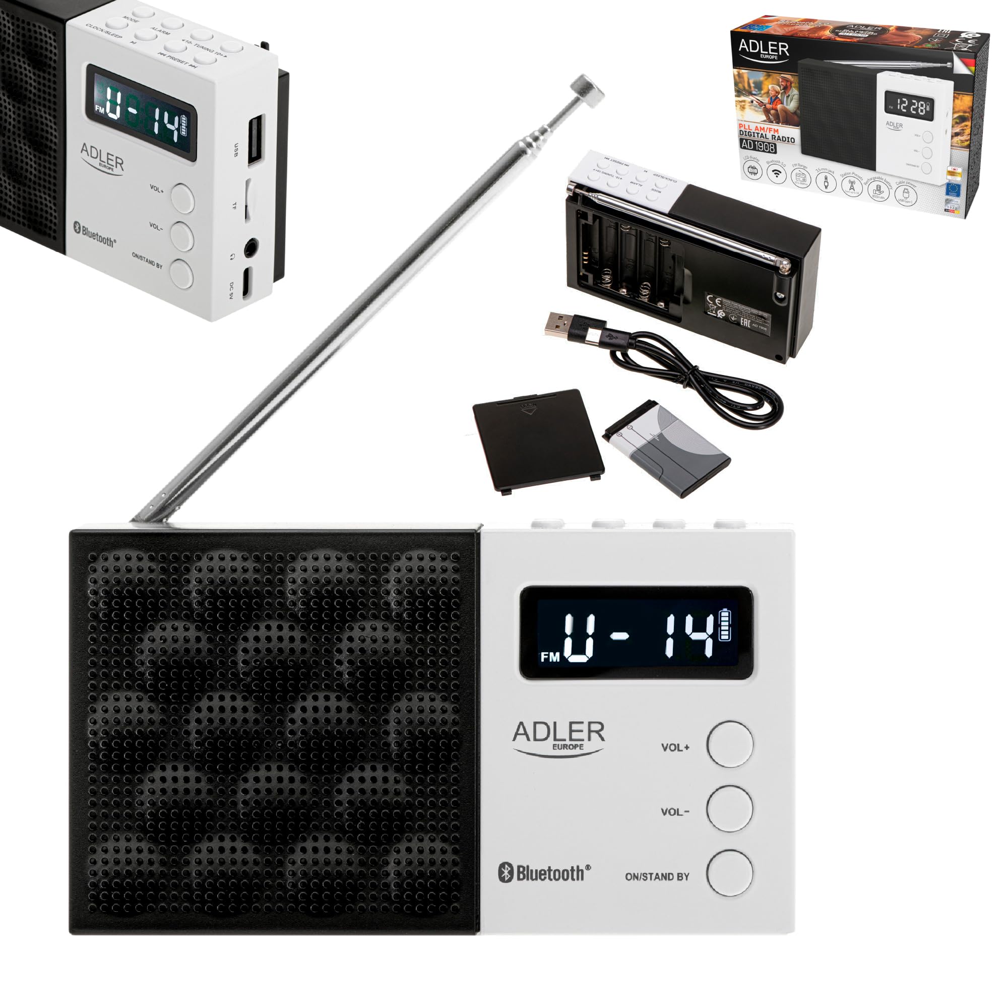 Adler Radio portatile digitale AD 1908, sintonizzazione PLL avanzata, FM con Bluetooth, schermo LCD, batteria rimovibile da 800 mAh, allarme, antenna telescopica, nero e bianco