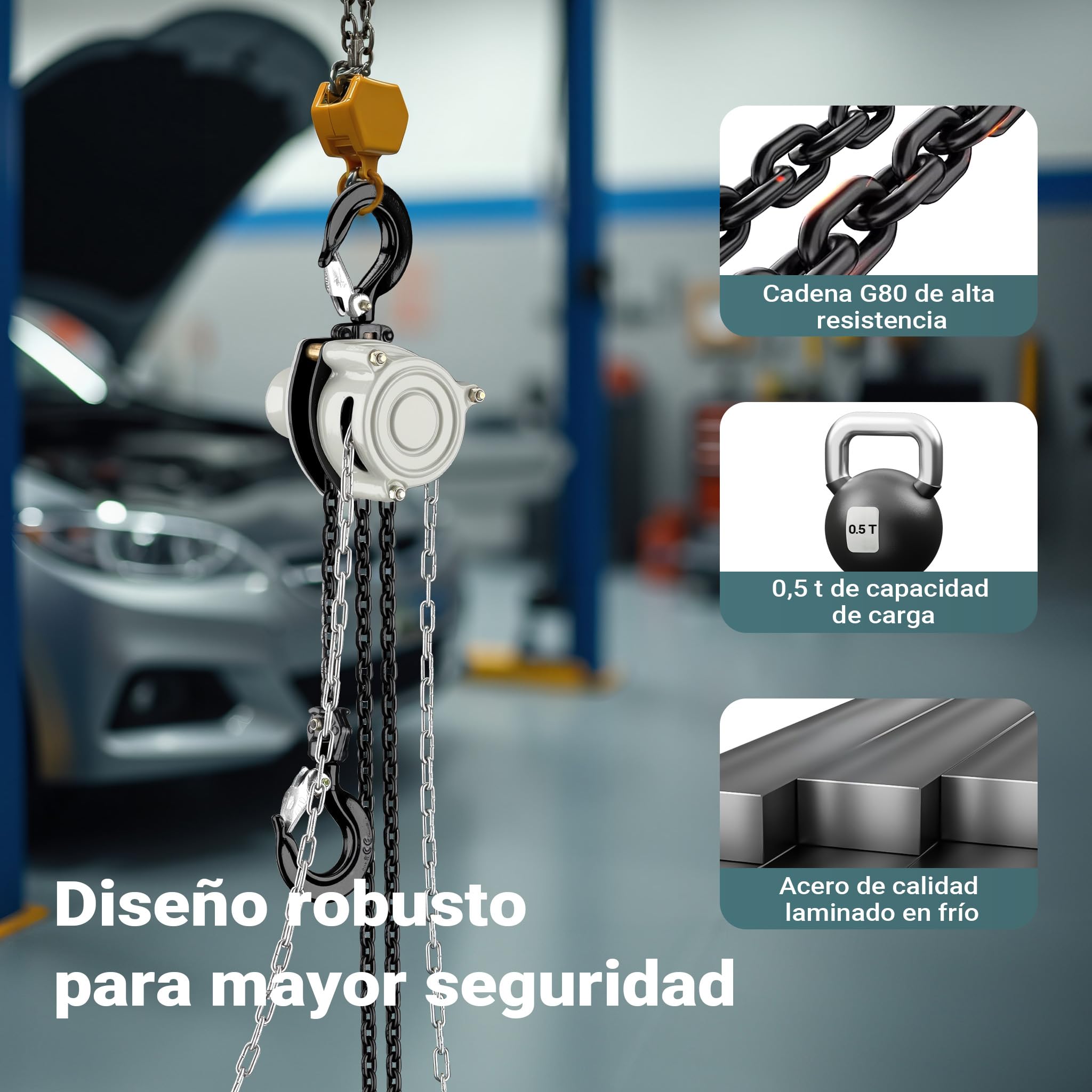 Wiltec Polipasto manual de cadena 500 kg 3 m de elevación ganchos de seguridad cadena G80 galvanizada diseño resistente duradero ligero y compacto ideal para talleres y obras