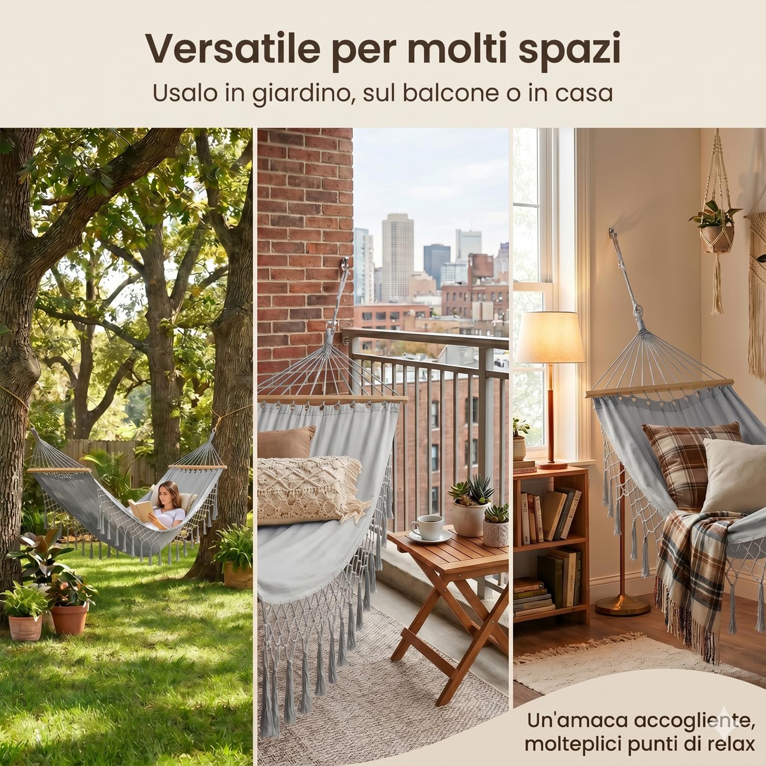 Marvin Amaca da Giardino Indonesia, Letto Dondolo da Esterno Campeggio, Barre di Legno, in Cotone Tessuto Resistente (GRIGIO 200x150)