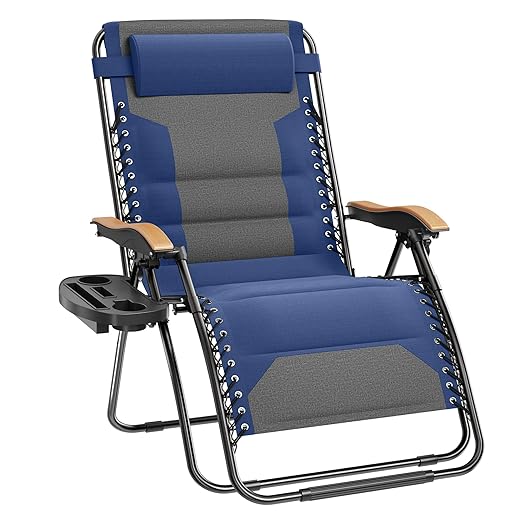 PHI VILLA XXL Oversized Padded Zero Gravity Chair, Foldable Patio Recliner, 30" Wide Seat Anti Gravity Lounger with Cup Holder, Support 400 LBS (Thumb Blue)