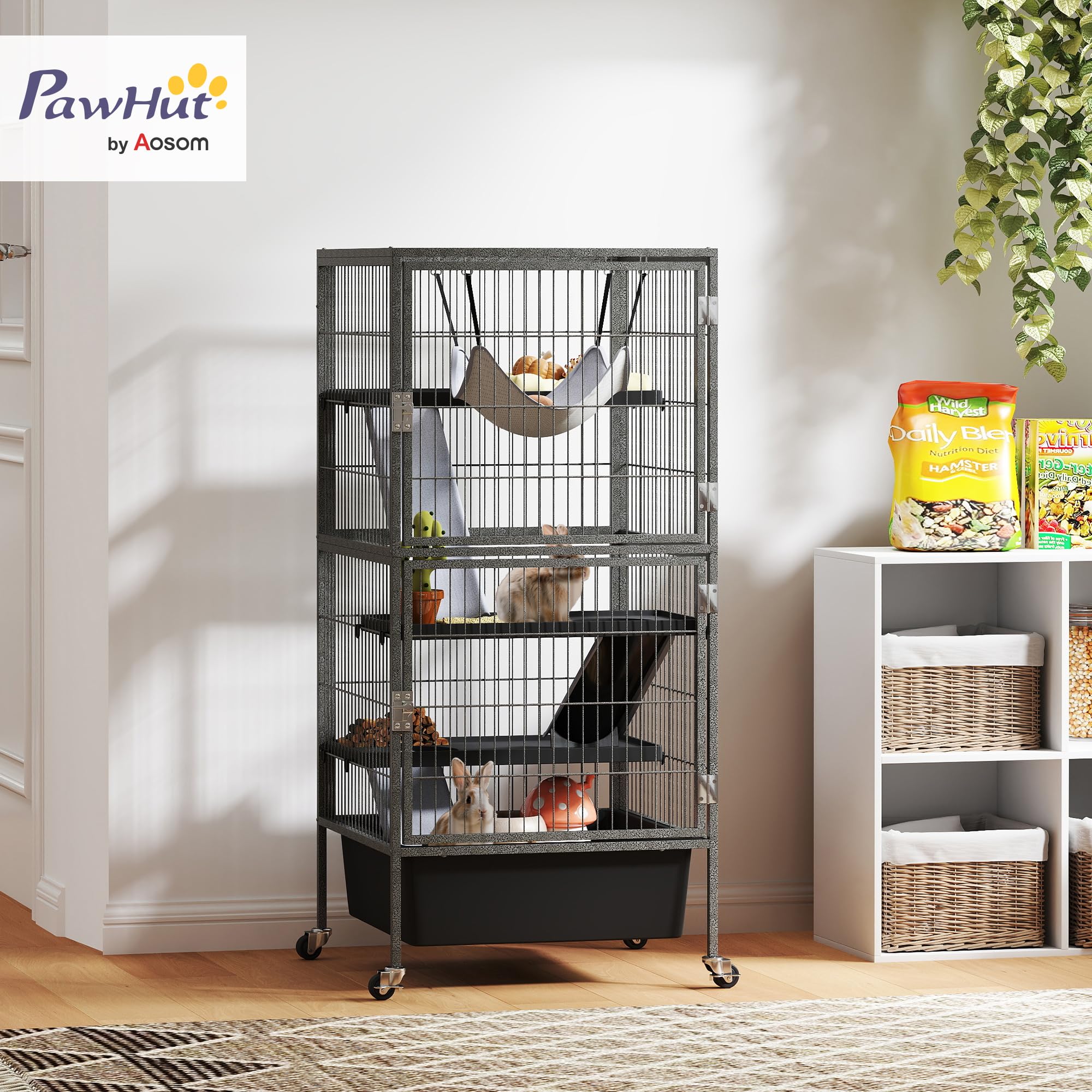 PawHut Gabbia per Piccoli Animali/Furetti 52x52x115 cm Grigio | Piattaforme, Rampe e Amaca, Vassoio Rimovibile, Ruote con Freno, Casetta per Conigli e Furetti a 4 Livelli