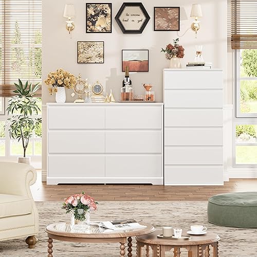 Miniatura 3 de FOTOSOK Cómoda blanca, Cómoda blanca de 47.2" de alto para dormitorio, cómoda de madera moderna con cajones profundos, cómoda con cajones para sala