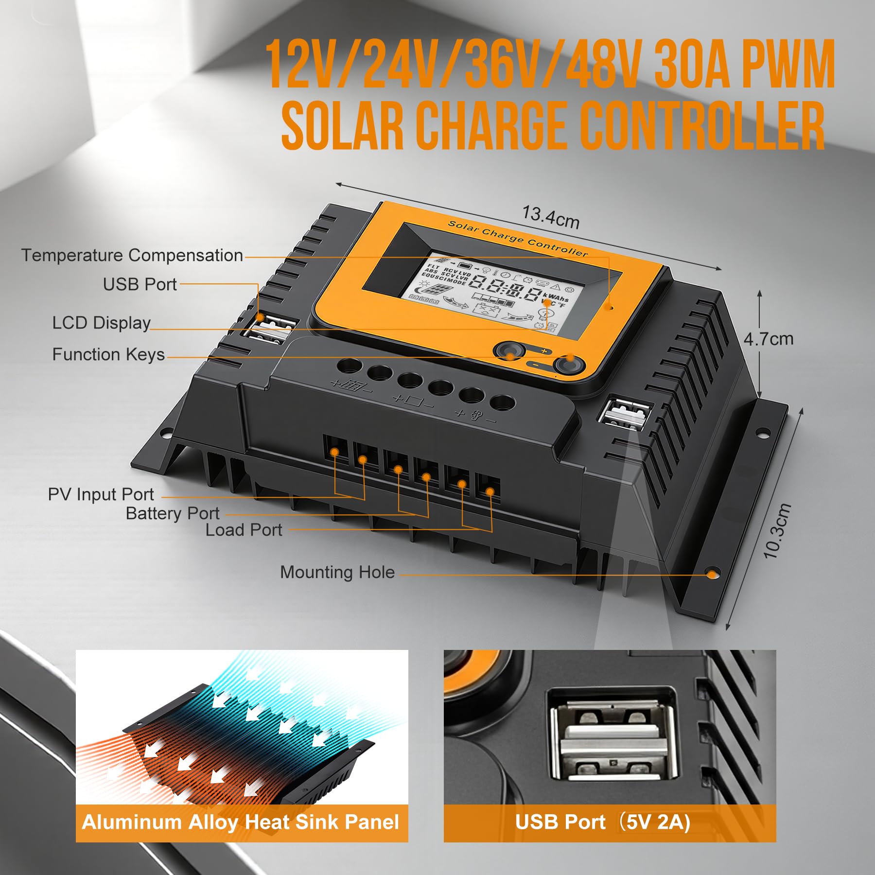 30A Contrôleur de Charge Solaire Avec Bluetooth, PWM 30A 12V 24V 36V 48V Régulateur Charge Solaire avec Capteur Température, Rétroéclairé LCD Écran, 4 ports USB, pour LI SLD FLD GEL AGM Batteri
