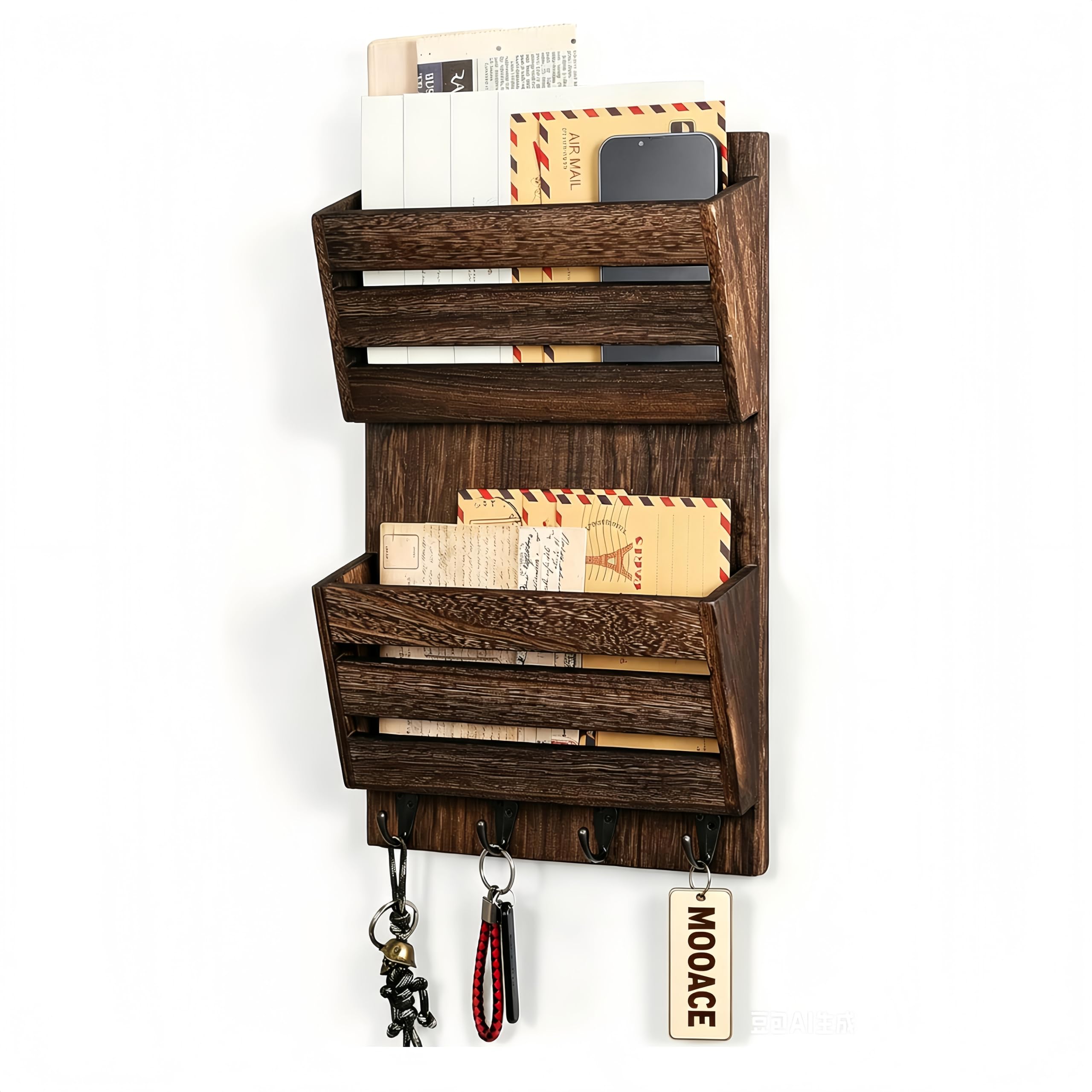 MOOACE Mail Organizer Wall Mount with Key Hooks, 2-Slot Wooden Mail and Key Holder for Wall Decorative, File Letter Hanging Organizer Shelf Home Farmhouse Decor for Entryway Office