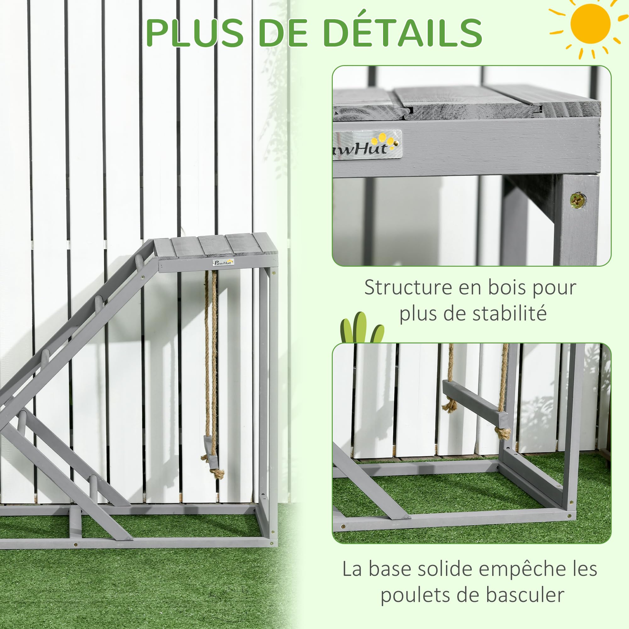 PawHut Perchoir en Bois pour Poule avec Balançoire 96 x 40 x 71 cm Gris
