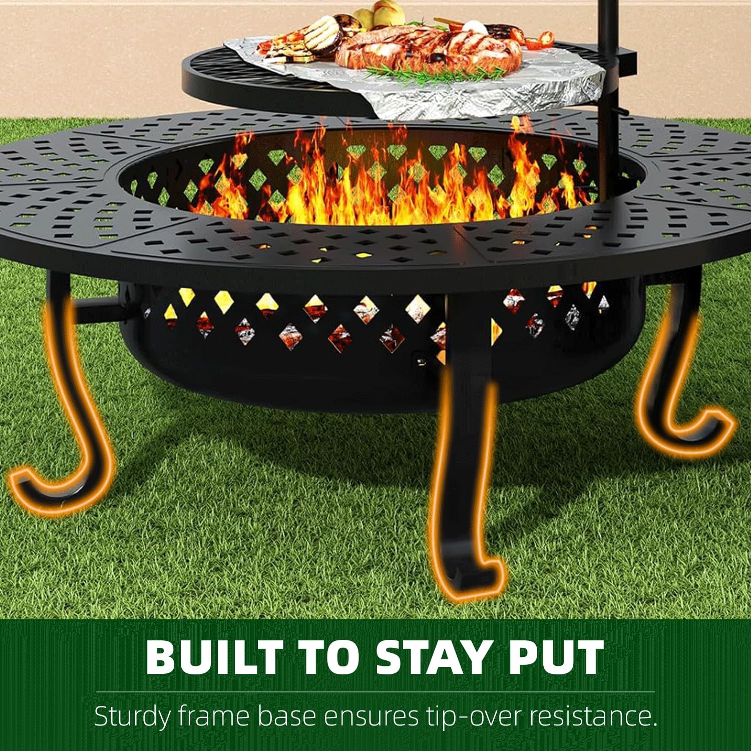 43 Inch Fire Pit with 2 Grill, Outdoor Wood Burning Firepit with Lid, Metal Round Table for Backyard Patio Garden Picnic Camping Bonfire