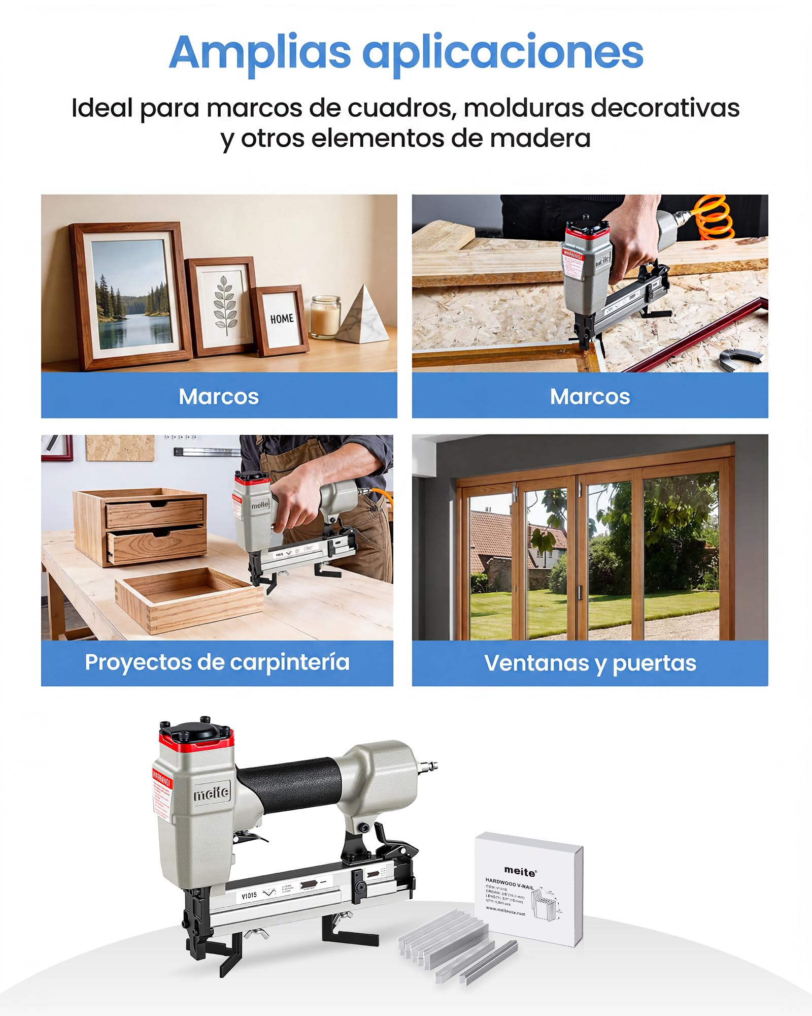 meite V1015B Clavadora Neumática en V para Marcos de Fotos, Ensambladora Neumática de Marcos, Compatible con Clavos en V de 7–15 mm